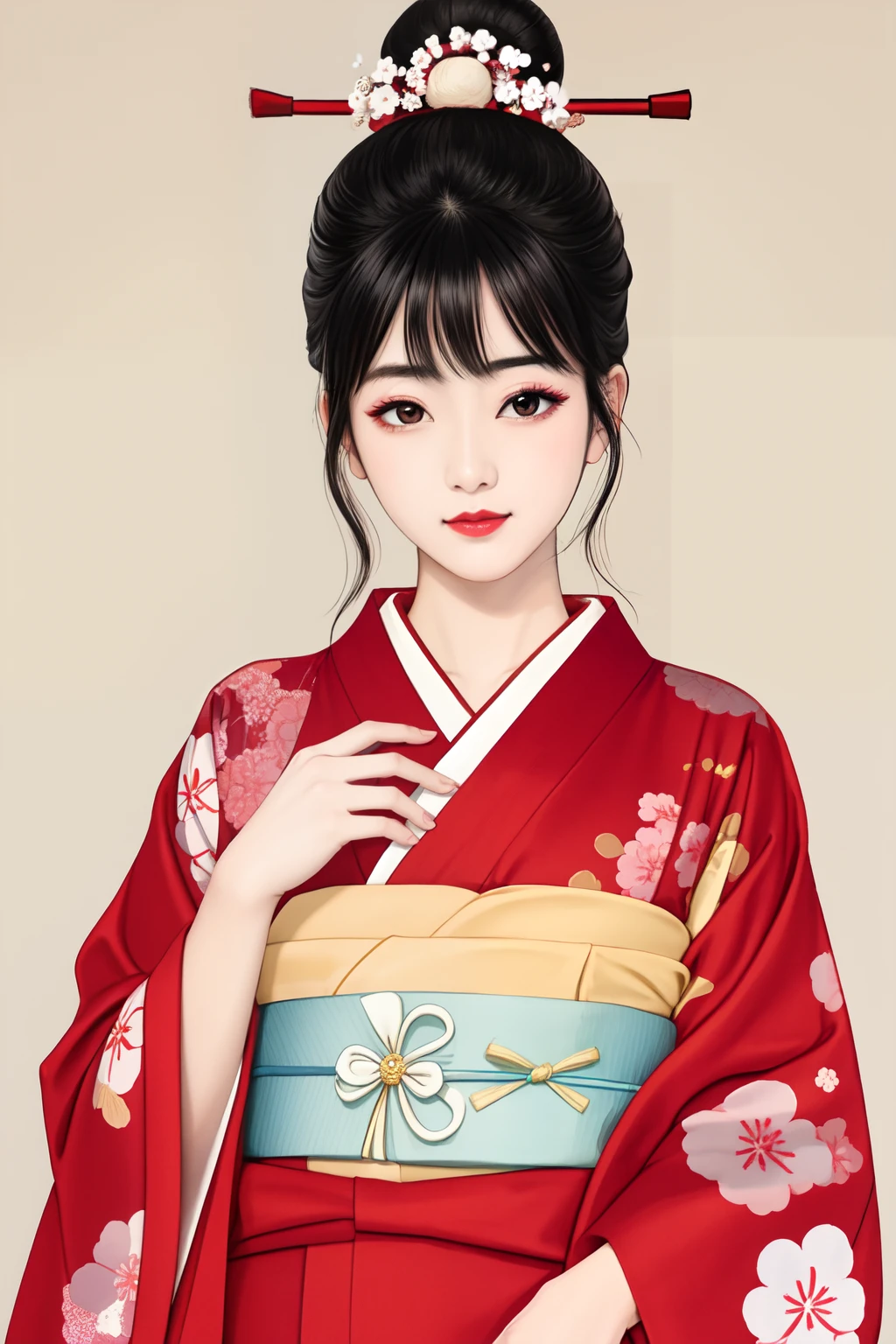 ((Big、a small face、No exposure))、top-quality、​masterpiece、（Bun hair Black hair）、Brown eyes、｟From the buttocks up is the whole body、Diagonally horizontal｠、(４In K、​masterpiece、hight resolution、Realistic and beautiful light and shadow、One girl、Solo Focus、(top-quality)、(Hi-Res)、(extremely delicate and beautiful)、(Beautiful 8k face)、(I close my eyes while smiling.)、(独奏)、(Clear skin)、(Soft hair)、(7headed body)、(Japanese style yukata kimono with red and white floral pattern、Japan girl in yukata)、((Hair in a bun))、((Tanabata decoration background))、((a small face))、(reality)、thin and small nose、（red lipsticks）、（Reddening cheeks）、（Lustrous skin）、((Ukiyo-e style))、Ultra-thin eyebrows、Ultra high image quality、（Wearing maiko-style makeup）、skin whitening、long and beautiful lashes、Lustrous skin that changes like a model in a Kyoto magazine、（Red-dyed cheeks）,Nasal muscle