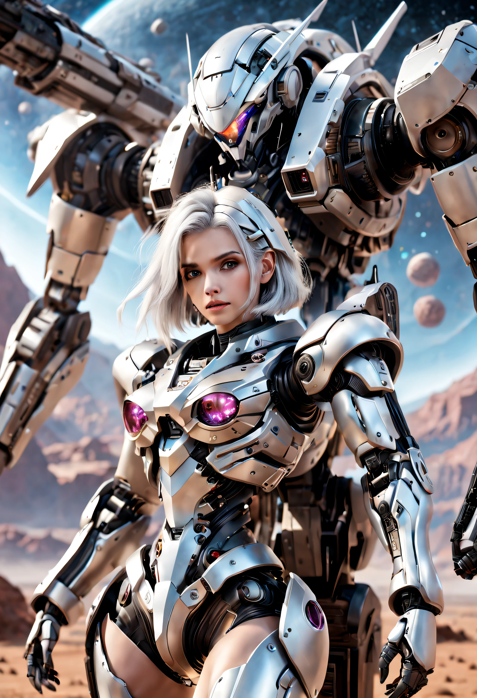 （（tmasterpiece，best qualtiy）），Beautiful 8K Ultra HD professional photos, Sharp focus, In a stunning fantasy world,Heavily armed silver-haired girl，，Large mechanical robot structure，Interstellar，Endless space，ssee-through，depth of fields，Magnificent space image scene，