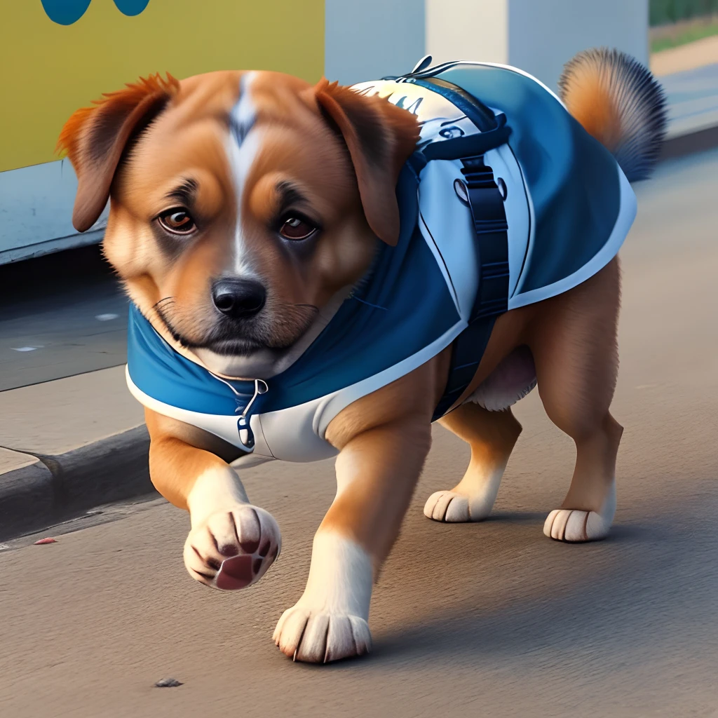Crie um cachorro de chapeu azul andando na corda bamba