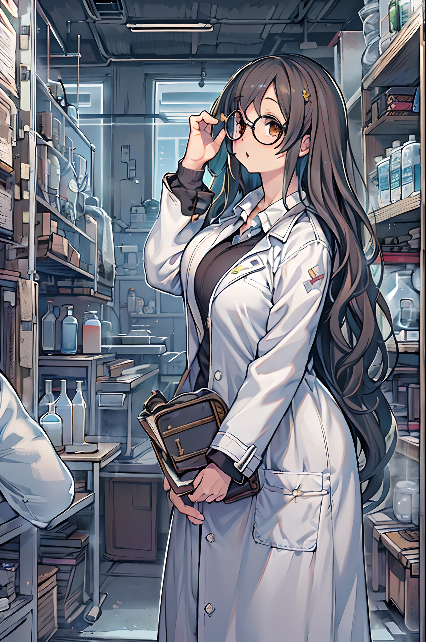 Own Lab Anime Anime girl in a lab coat holding a book and looking at a man - SeaArt AI