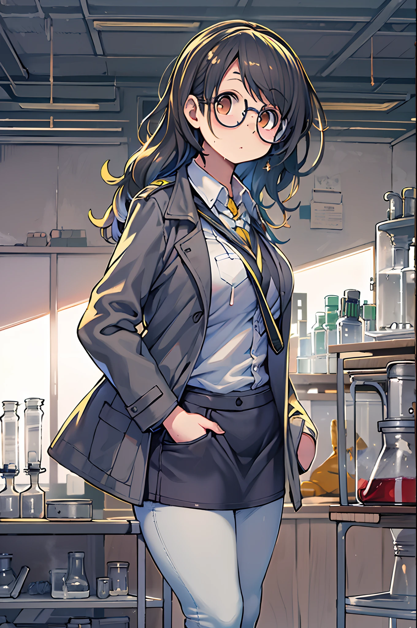 Chemical Fiction,flask ,Woman,,28 years old,Zito-order,Brown eyes,Long hairstyle,Unkempt hair、White-gray on black hair,Scientist uniform,White researcher coat,Open Meadow,lab room、stoop、big round glasses、with hands in pockets