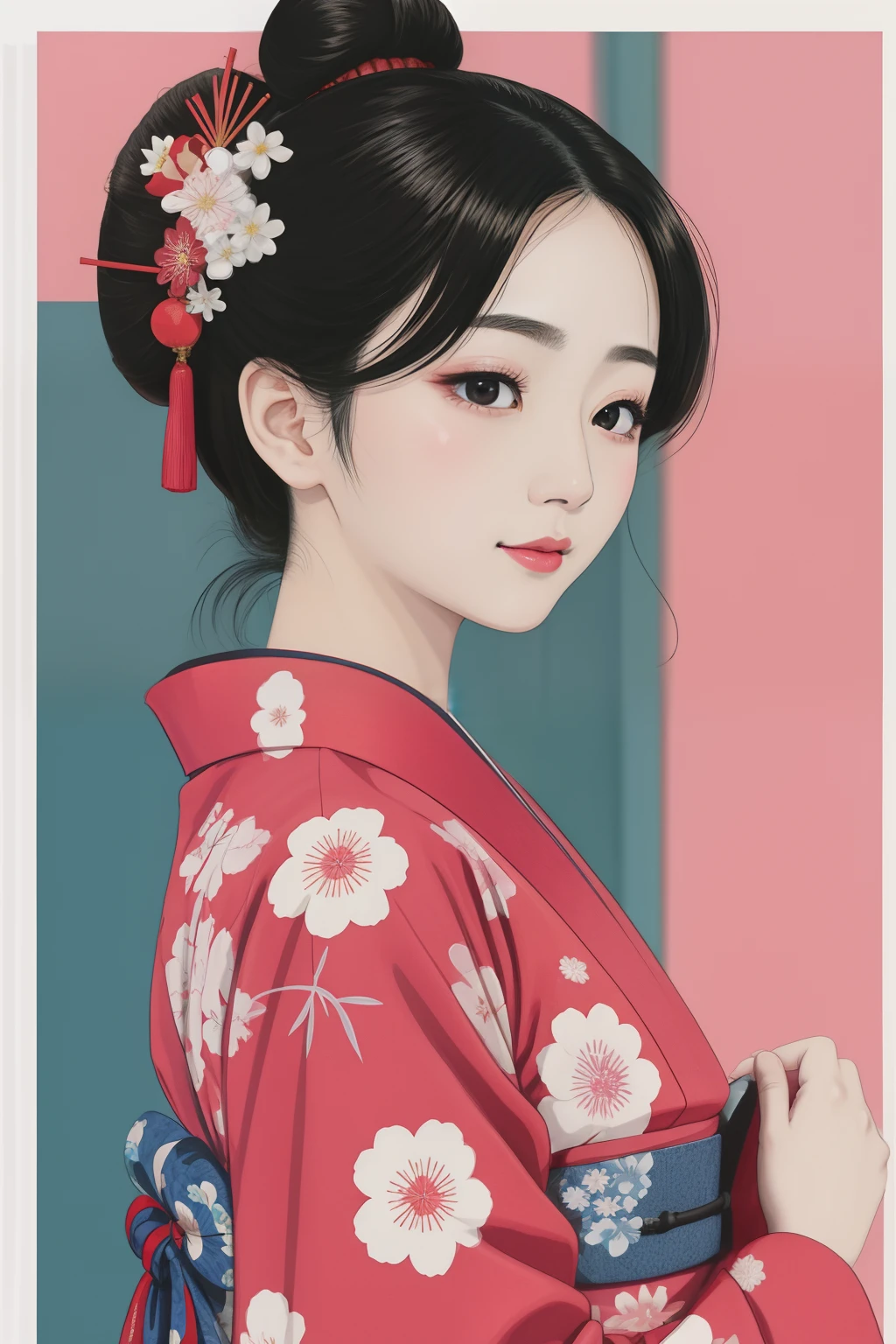 ((Big、a small face、No exposure))、top-quality、​masterpiece、（Bun hair Black hair、Ponytail hair）、Brown eyes、｟From the buttocks up is the whole body、Diagonally horizontal｠、(４In K、​masterpiece、hight resolution、Realistic and beautiful light and shadow、One girl、Solo Focus、(top-quality)、(Hi-Res)、(extremely delicate and beautiful)、(Beautiful 8k face)、(I close my eyes while smiling.)、(独奏)、(Clear skin)、(Soft hair)、(7headed body)、(Japanese style yukata kimono with red and pink floral pattern isolated on white background、Beautiful girl in Japan wearing yukata)、((Hair in a bun))、((Tanabata decoration background))、((a small face))、(reality)、thin and small nose、（red lipsticks）、（Reddening cheeks）、（Lustrous skin）、((Ukiyo-e style))、Ultra-thin eyebrows、Ultra high image quality、（Wearing maiko-style makeup）、skin whitening、long and beautiful lashes、Lustrous skin that changes like a model in a Kyoto magazine、（Red-dyed cheeks）,Nasal muscle
