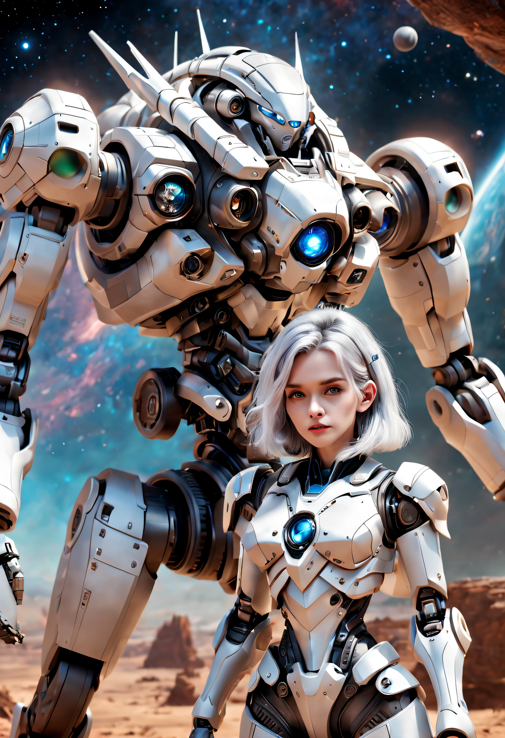 （（tmasterpiece，best qualtiy）），Beautiful 8K Ultra HD professional photos, Sharp focus, In a stunning fantasy world, Cute silver-haired girl，Large mechanical robot structure，Interstellar，Endless space，ssee-through，depth of fields，Magnificent space image scene，