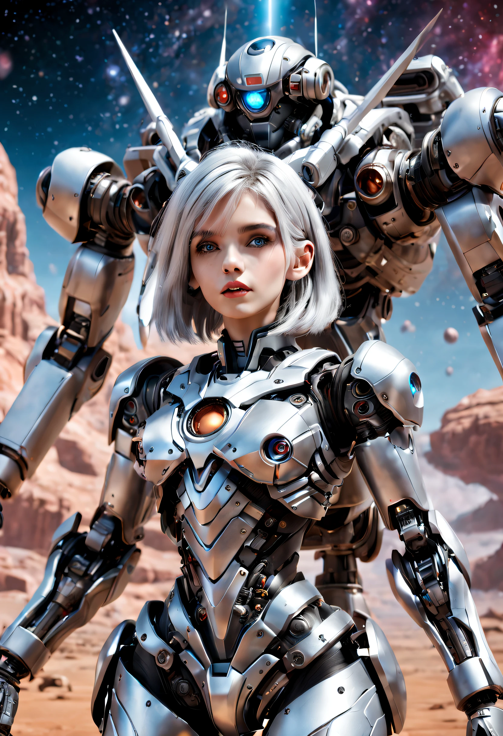 （（tmasterpiece，best qualtiy）），Beautiful 8K Ultra HD professional photos, Sharp focus, In a stunning fantasy world, Cute silver-haired girl，Large mechanical robot structure，Interstellar，Endless space，ssee-through，depth of fields，Magnificent space image scene，