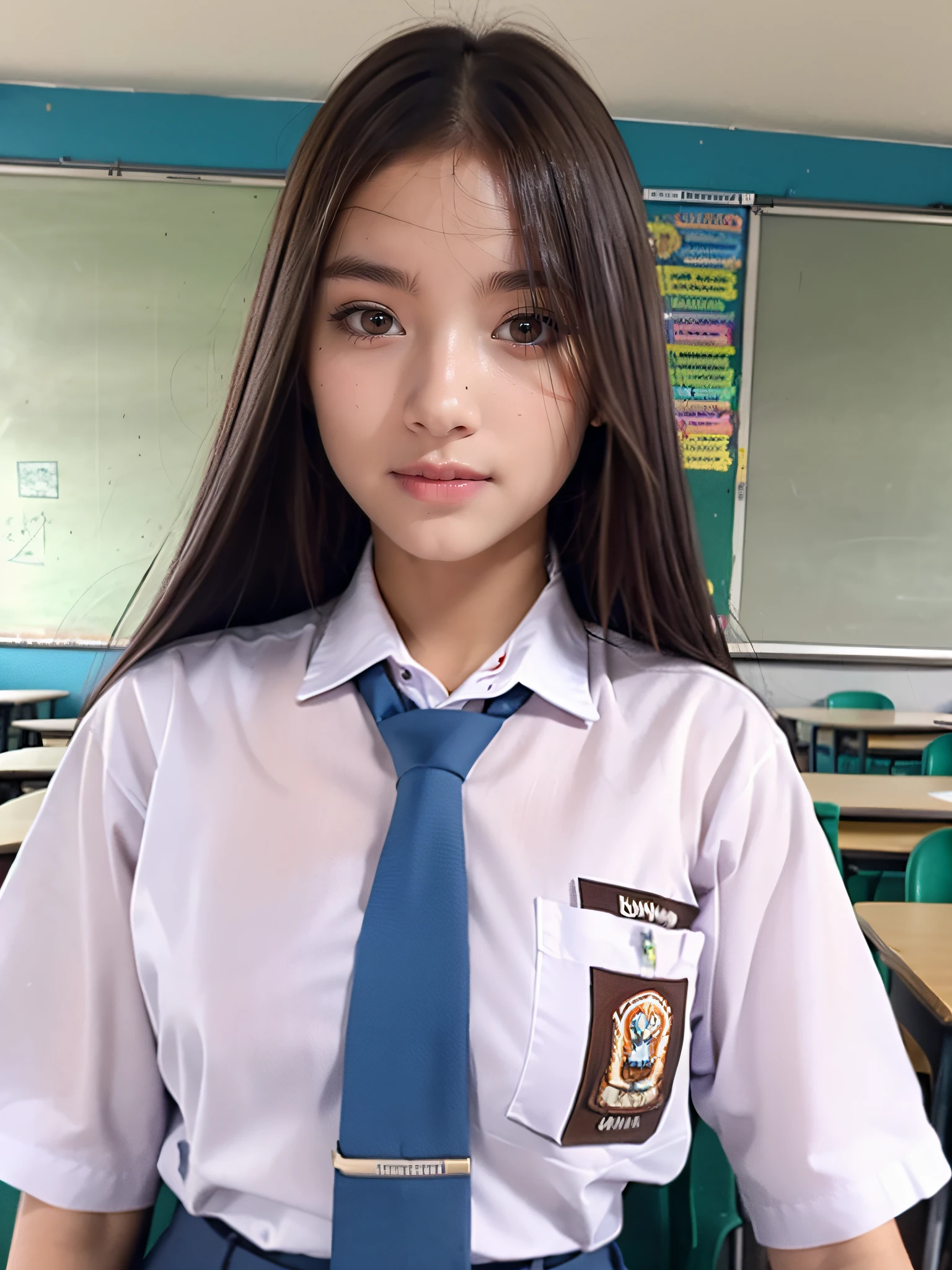 Realism, UHD, masterpiece, UHD, retina, ccurate, anatomically correct, textured skin, super detail, high details, high quality, award winning, best quality, highres, 16k, 1girl, brown hair, long hair, wearing indonesian high school uniform, white shirt, blue necktie, classrooms in Indonesian high schools