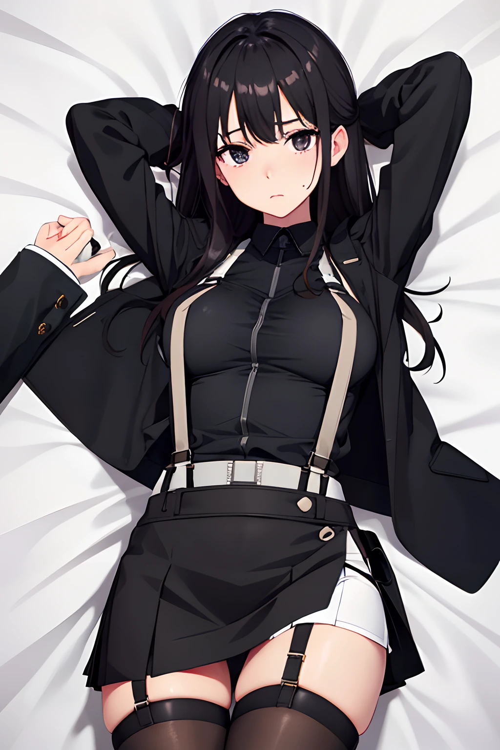 ,Belt bag,Suspenders Black Miniskirt garterbelts knee high Stockings Black Niso Colorcon armpit sweat perspiring Side of both hands,Black jacket,Gaze,ample bosom,Armpit sweat,Exposing the armpits"Tight clothes、Cuffed、wristbands Lie on the bed with your hands up