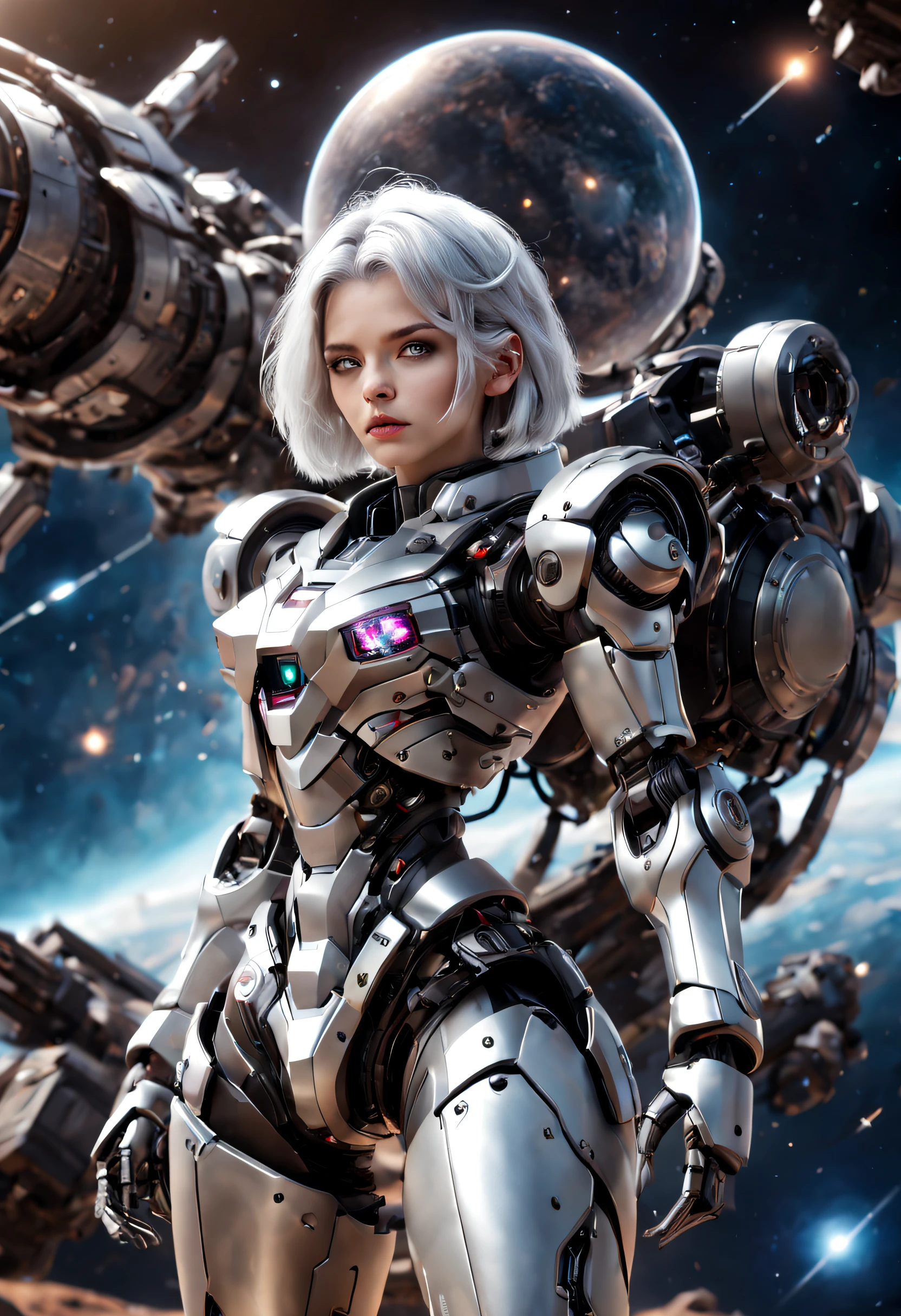 （（tmasterpiece，best qualtiy）），Beautiful 8K Ultra HD professional photos, Sharp focus, In a stunning fantasy world,Heavily armed silver-haired girl，，Large mechanical robot structure，Interstellar，Endless space，ssee-through，depth of fields，Magnificent space image scene，