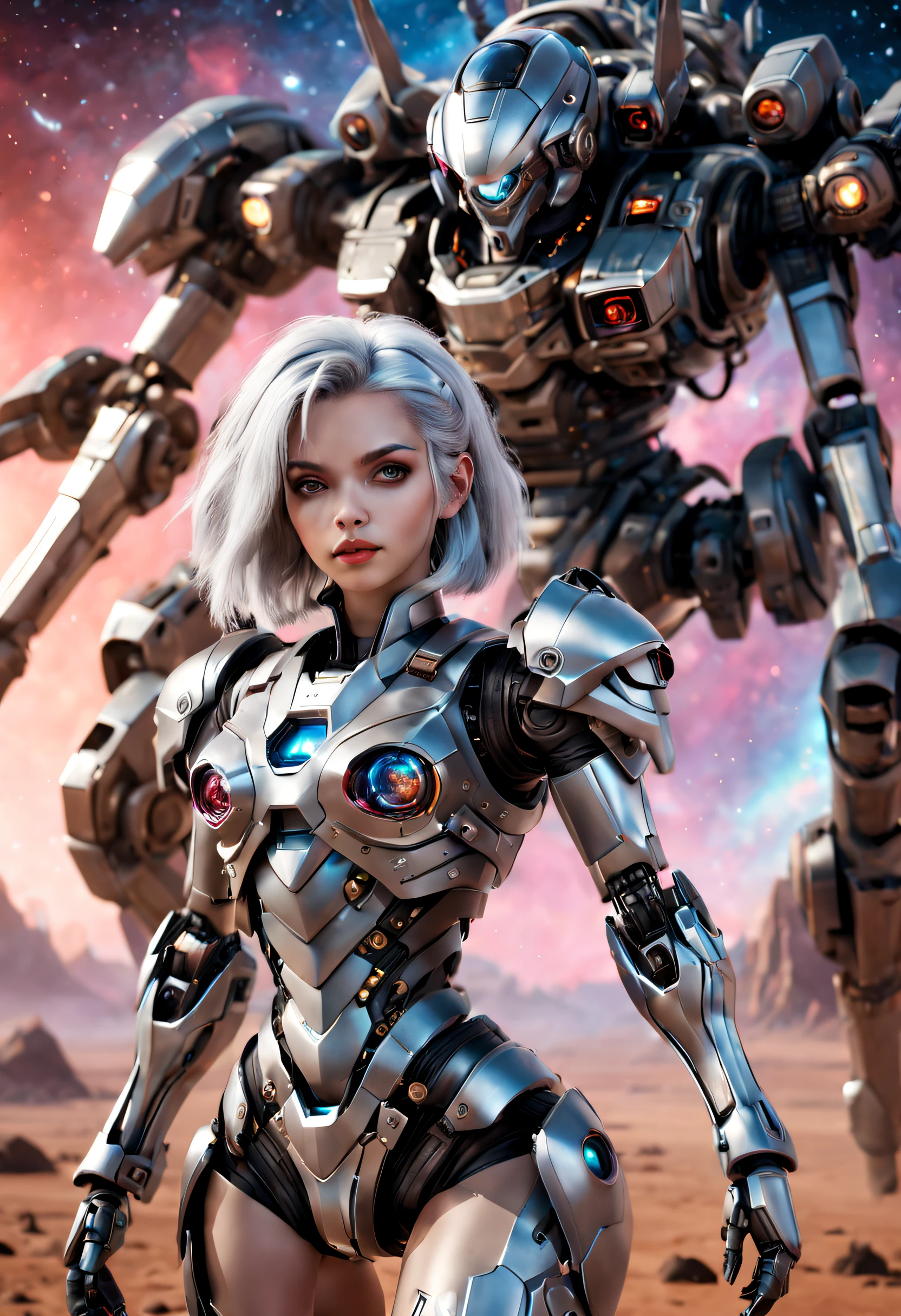 （（tmasterpiece，best qualtiy）），Beautiful 8K Ultra HD professional photos, Sharp focus, In a stunning fantasy world,Heavily armed silver-haired girl，，Large mechanical robot structure，Interstellar，Endless space，ssee-through，depth of fields，Magnificent space image scene，