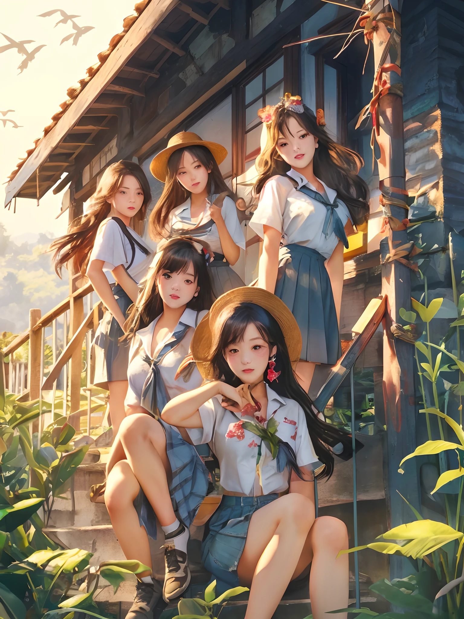 full shot, cinematic, hyper realistic, a movie poster of school genre, there are five female students in front of an old school, summer vibe, country side vibe, beautiful detailed, romantic vibe, Vietnam, sexy, big breast, chubby:0.5