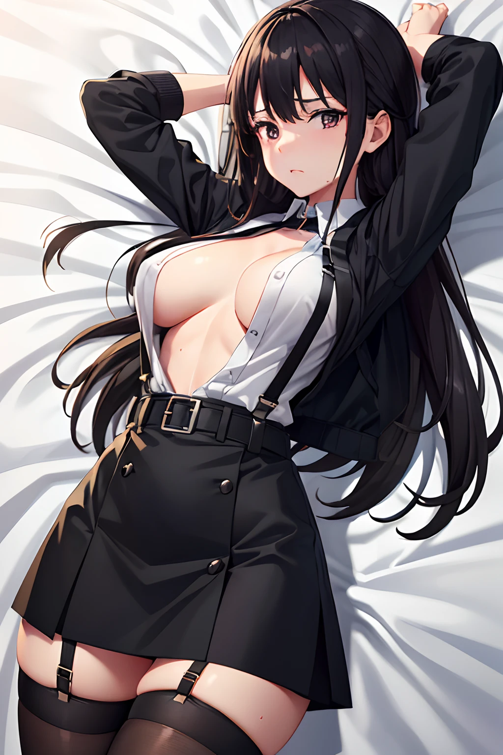 ,Belt bag,Suspenders Black Miniskirt garterbelts knee high Stockings Black Niso Colorcon armpit sweat perspiring Side of both hands,Black jacket,Gaze,ample bosom,Armpit sweat,Exposing the armpits"Tight clothes、Cuffed、wristbands Lie on the bed with your hands up
