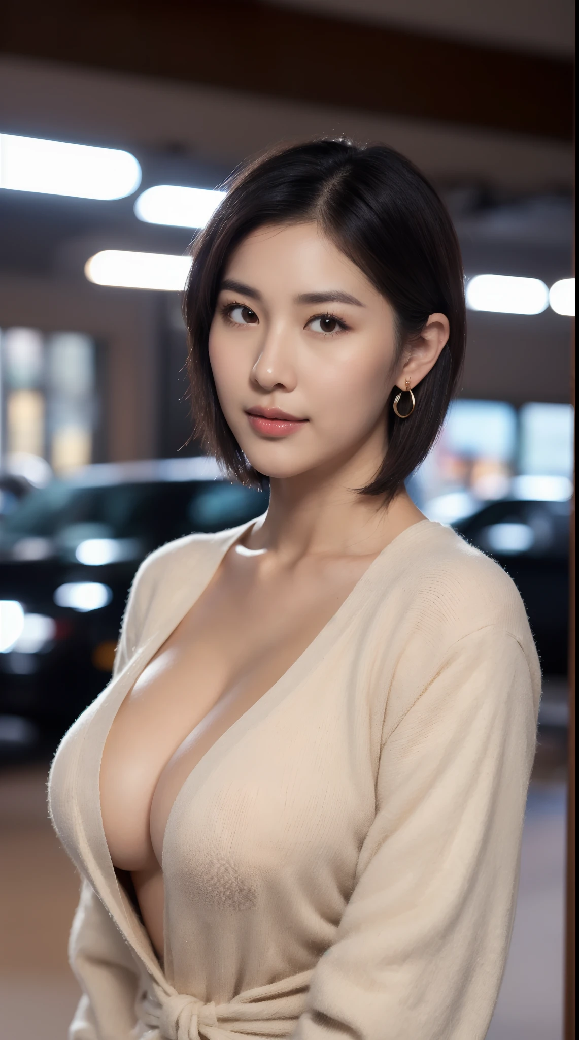 (1 realistic gentleman), (From the bottom up), staring at viewer, masterpiece, vibrant colors, shadows, In the parking lot at night, effeminine, A white shirt wraps around the upper body，Blue-black blazer， slim waist, big hips, wide hips, large butt, young, tan, female, slim，legs are open，Sit，focuses on the lower body，bare-feet，(((Very MILF fat leg shape)))，(gigantic hip:1.5), (ultra cute Japanese-Taiwanese hermaphrodite idol face:1.4), (Taiwanese native male face), (sidecut manly ulzzang short hairstyle:1.6), masterpiece, best quality，Masculine arms，(all Hands are wrapped in sleeves), (Hazy:1.4), (ultra huge breasts:1.6), ［human|Silicone sex doll］, perfect fingers, perfect fat mature legs，Both legs are equal, long hair, (Unlike the ordinary Lora face:1.4), (8k,RAW photo,photorealistic:1.4)(Glossy side with shiny skin,best qualtiy,超高分辨率,depth of fields,color difference,Caustics,Wide light,naturalshadow，Brown pupils), (tan skin, brown skin, dark skin:1.35),  (no makeup:1.4), (33 yo), (chinky eyes:1.5), (darker wheat-colored skin:1.4), (thick eyeslashes), (ssmile:1.1), (even skintone:1.4), White tight-fitting top，Denim shorts, Taiwanese aboriginal girl, Soft, full breasts，The cheeks are slightly thinner，Red ties to lips, ［male|female］， dim murky lights，earring，(male head:1.5)，Tall male physique, 188cm tall, (wearing a New York Yankees baseball cap)，Hair does not grow longer than earlobes，A stark contrast between light and shadow