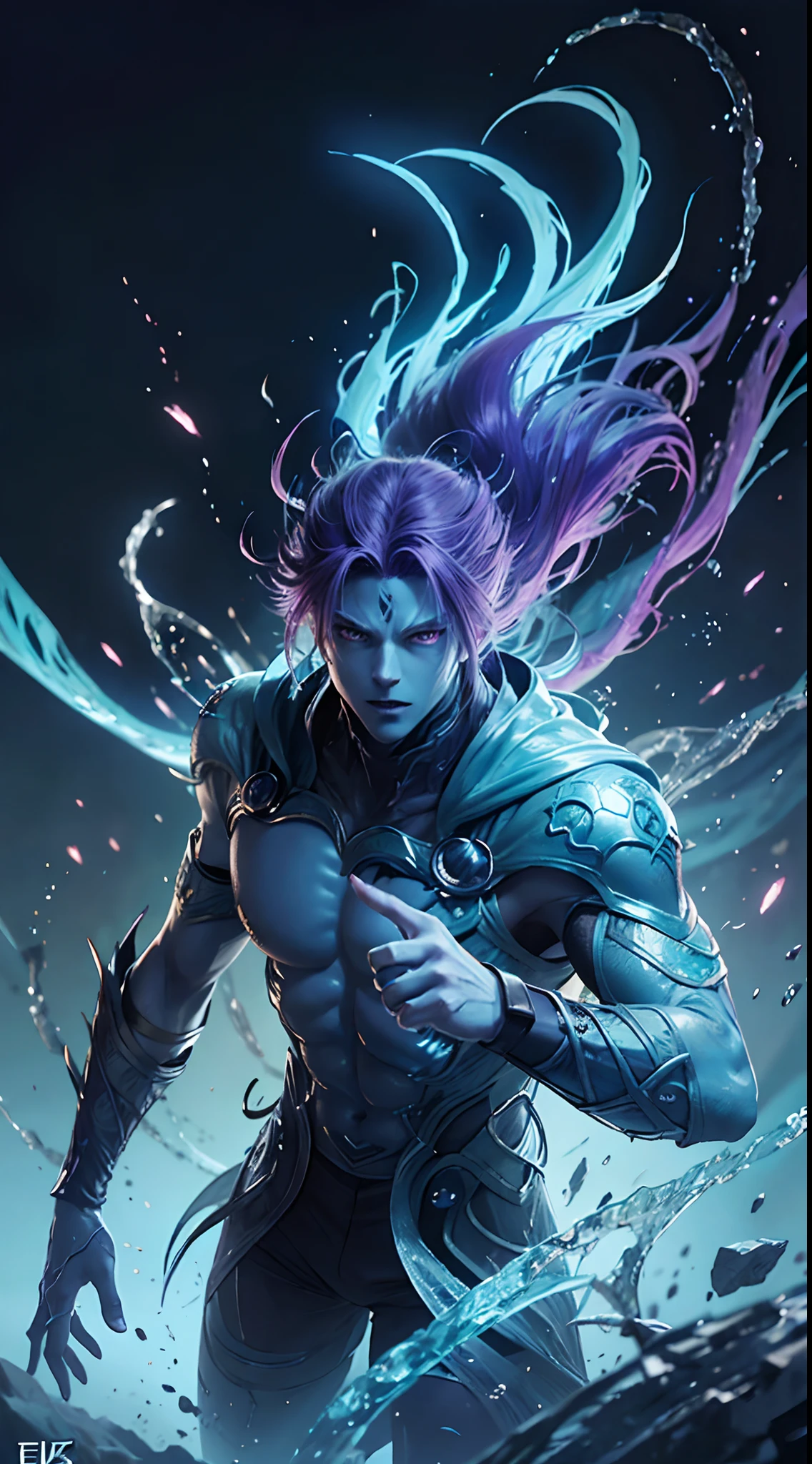 anime character with purple hair and glowing eyes in front of a dark background, handsome guy in demon slayer art, epic fantasy art style, badass anime 8 k, epic fantasy digital art style, detailed digital anime art, human male demon, portrait of hades, epic fantasy art style hd, fierce expression 4k, demon male, extremely detailed artgerm