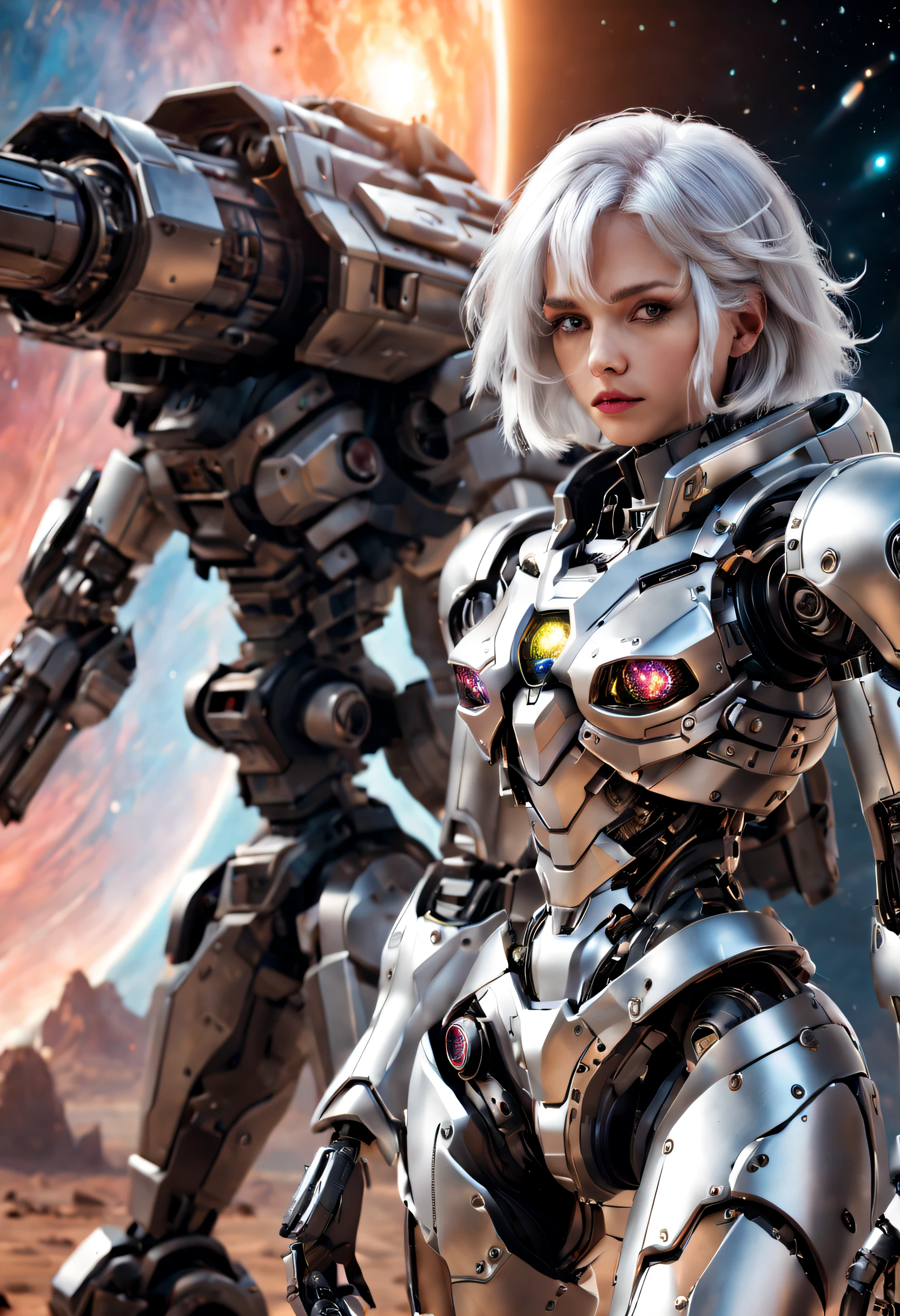 （（tmasterpiece，best qualtiy）），Beautiful 8K Ultra HD professional photos, Sharp focus, In a stunning fantasy world,Heavily armed silver-haired girl，，Large mechanical robot structure，Interstellar，Endless space，ssee-through，depth of fields，Magnificent space image scene，