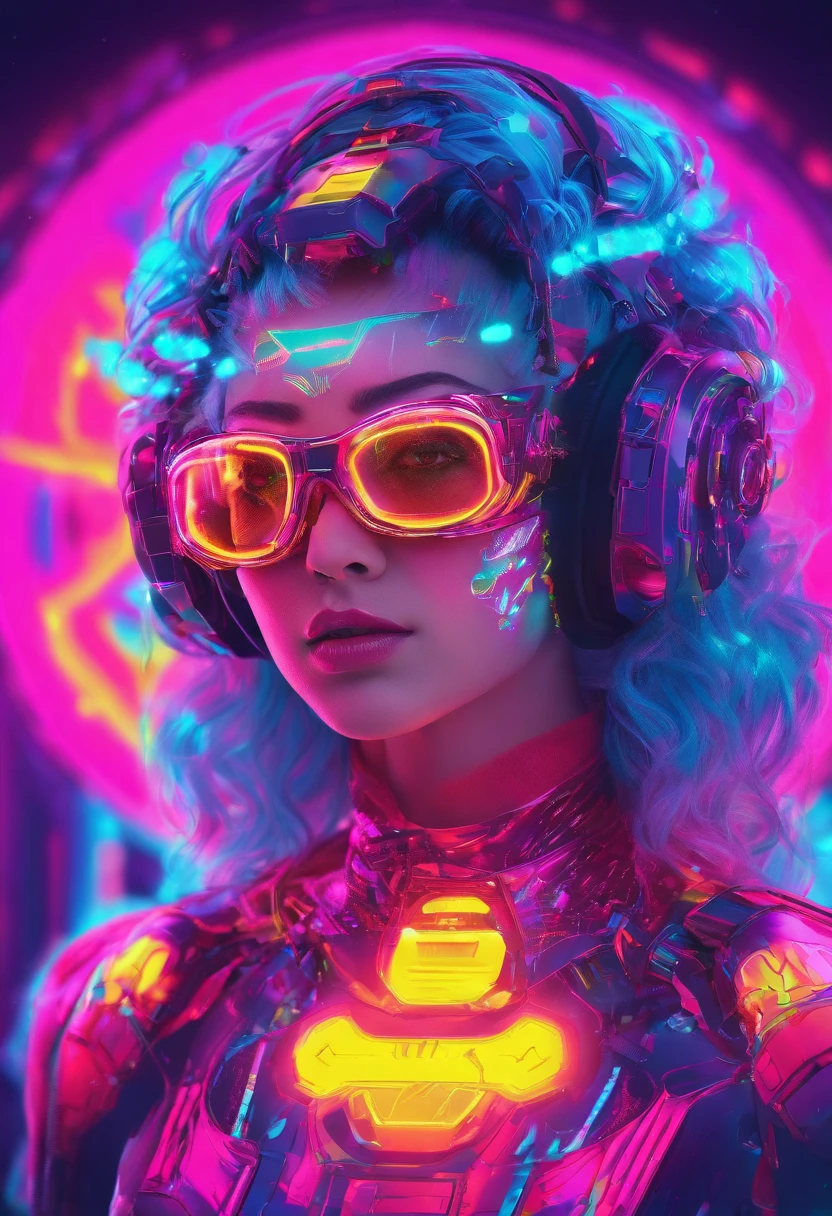 (Female protogen),Cyberpunk,Mechanicalgirl,olhos brilhantes,metallic surface,display digital,Advanced technology,Futuristic,neon lights,electromagnetic field,bordas afiadas,Design simplificado,organismo digital,Biomechanicals,Atmosfera misteriosa,viseira de vidro,sentidos aprimorados,energetic pose,invisible circuits,holographic projections,fios coloridos,female cyborg