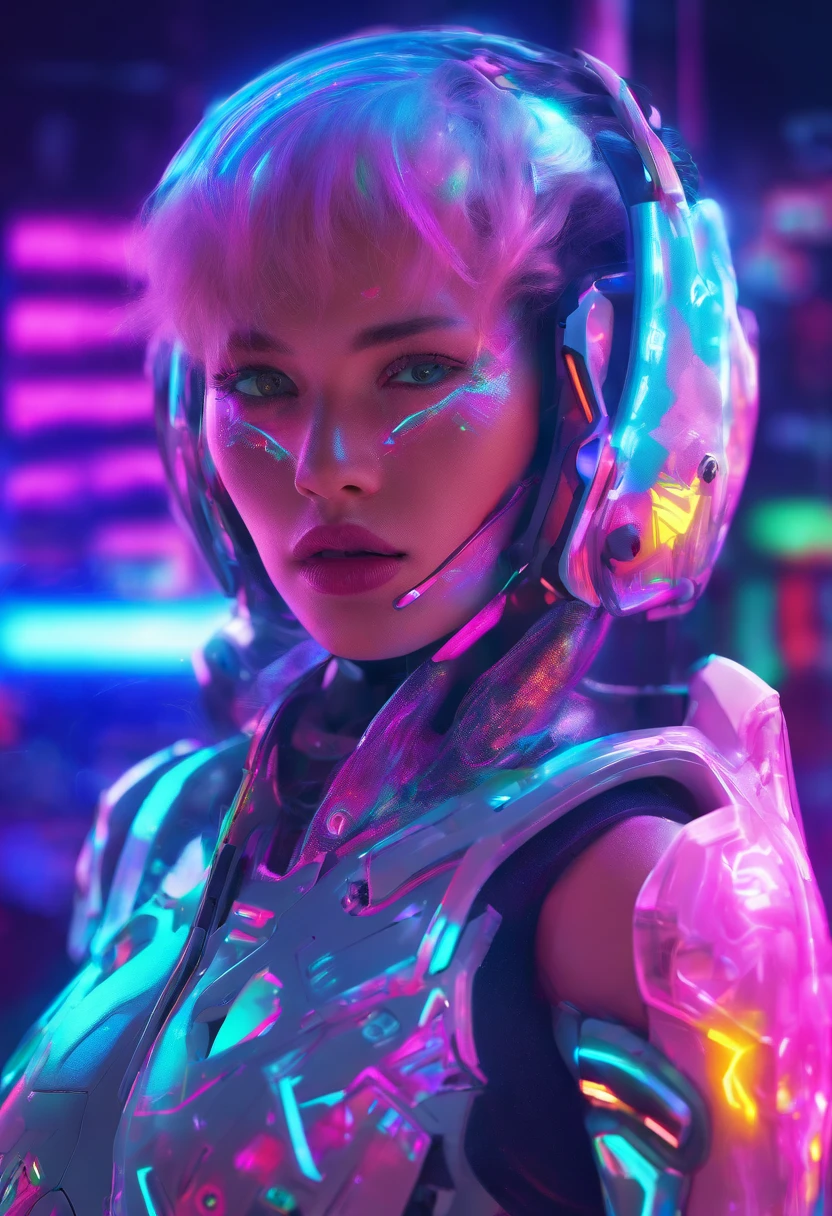 (Female protogen),Cyberpunk,Mechanicalgirl,olhos brilhantes,metallic surface,display digital,Advanced technology,Futuristic,neon lights,electromagnetic field,bordas afiadas,Design simplificado,organismo digital,Biomechanicals,Atmosfera misteriosa,viseira de vidro,sentidos aprimorados,energetic pose,invisible circuits,holographic projections,fios coloridos,female cyborg