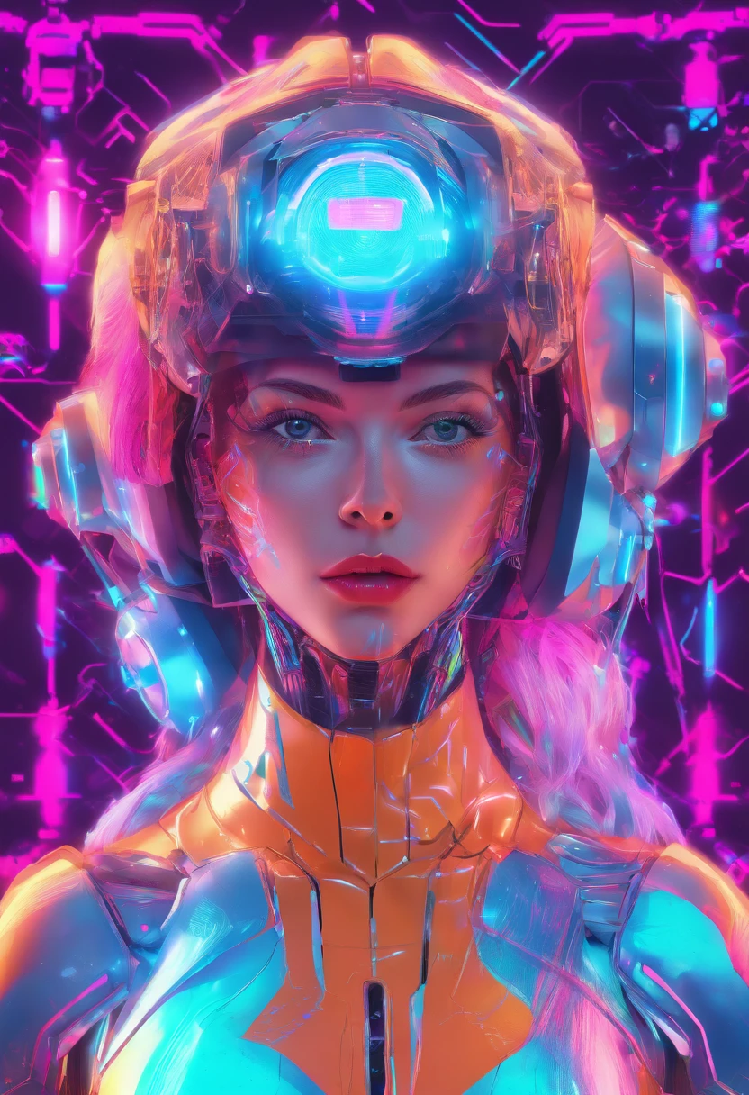 (Female protogen),Cyberpunk,Mechanicalgirl,olhos brilhantes,metallic surface,display digital,Advanced technology,Futuristic,neon lights,electromagnetic field,bordas afiadas,Design simplificado,organismo digital,Biomechanicals,Atmosfera misteriosa,viseira de vidro,sentidos aprimorados,energetic pose,invisible circuits,holographic projections,fios coloridos,female cyborg