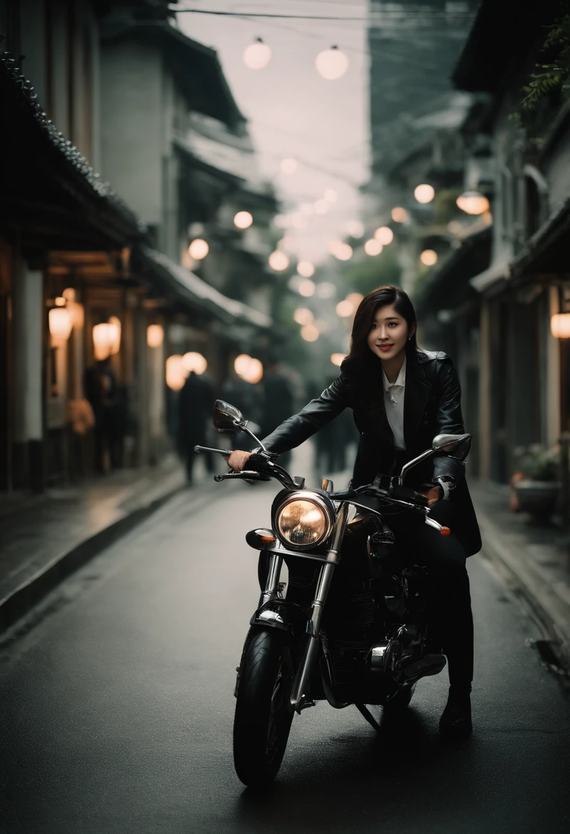 Japan men and women in love、Standing side by side in front of a motorcycle with round lights、Facing the front、Girl with straight long hair and skirt uniform style、The boy has short hair and wears a black uniform.2People smile、Calm coast、Clear