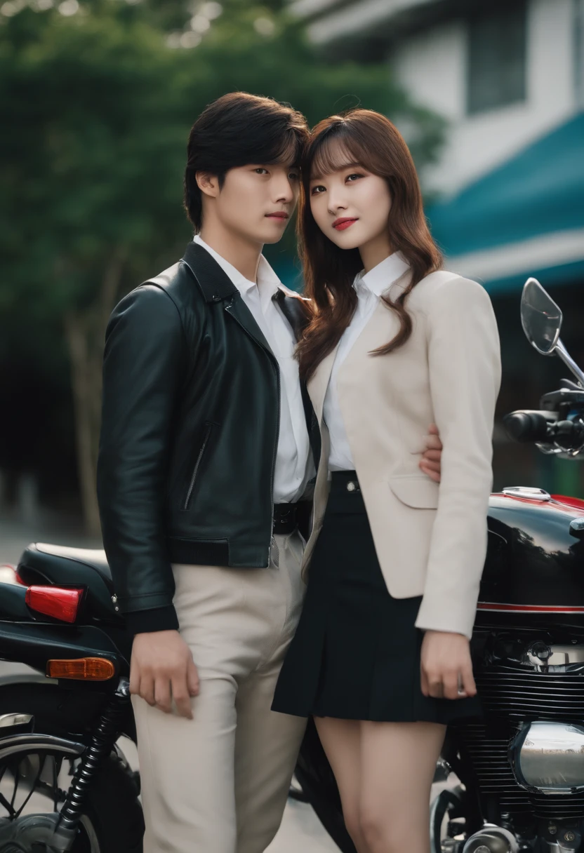 Japan men and women in love、Standing side by side in front of a motorcycle with round lights、Facing the front、Girl with straight long hair and skirt uniform style、The boy has short hair and wears a black uniform.２People smile、Calm coast、Clear