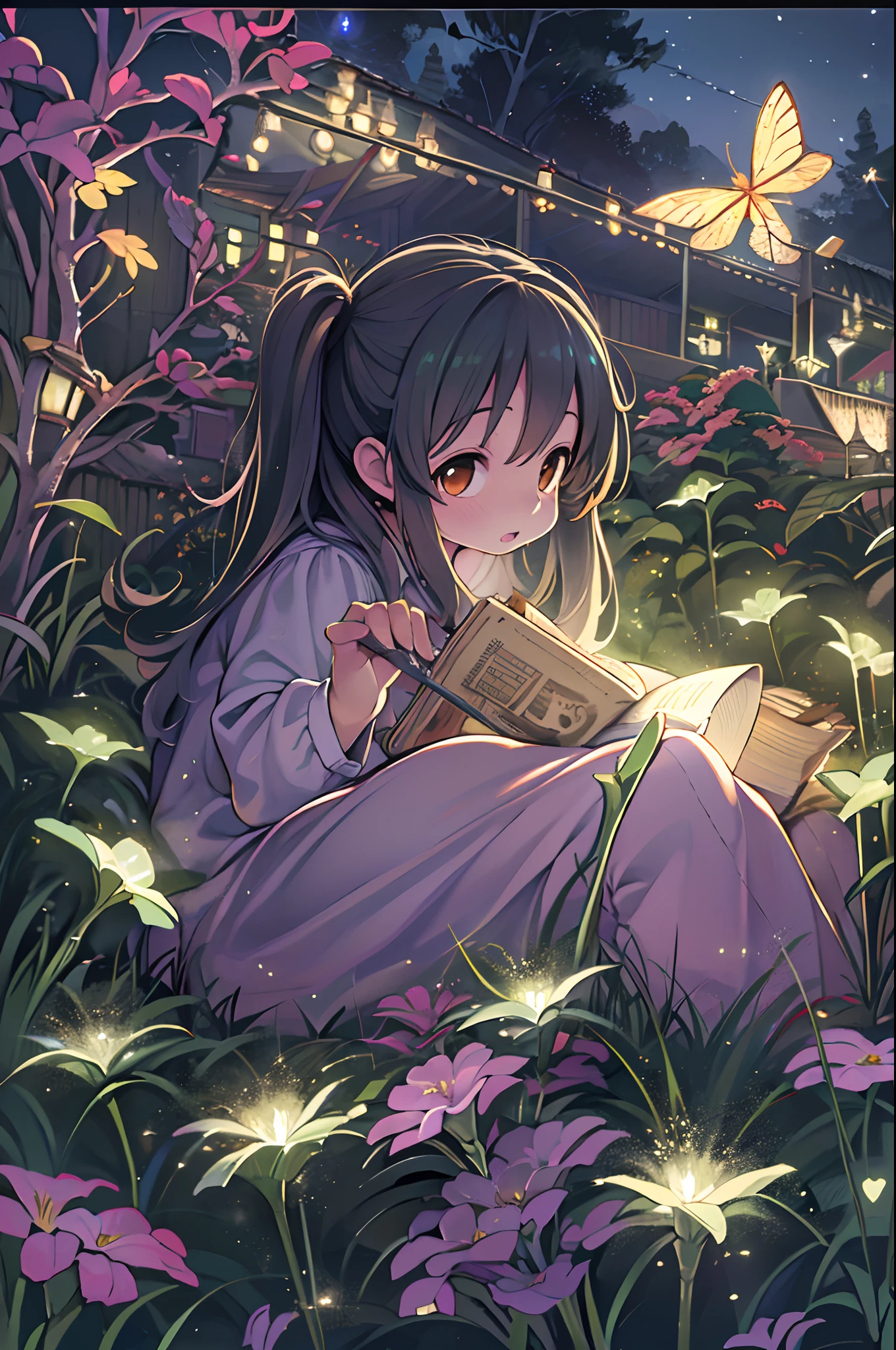 (8K, of the highest quality, masutepiece: 1.2), (Realistic, Photorealistic: 1.37), Super Detail, One girl, Wide-angle angle of view, Firefly Garden, There are many small faint lights and fireflies flying around, Night