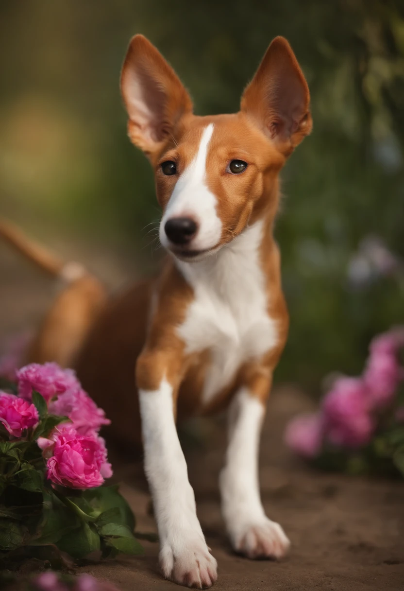 Obra maestra, La mejor calidad, 1girl, Podenco, una maceta, Little Smile, fondo multicolor, Flor, Dynamic color,