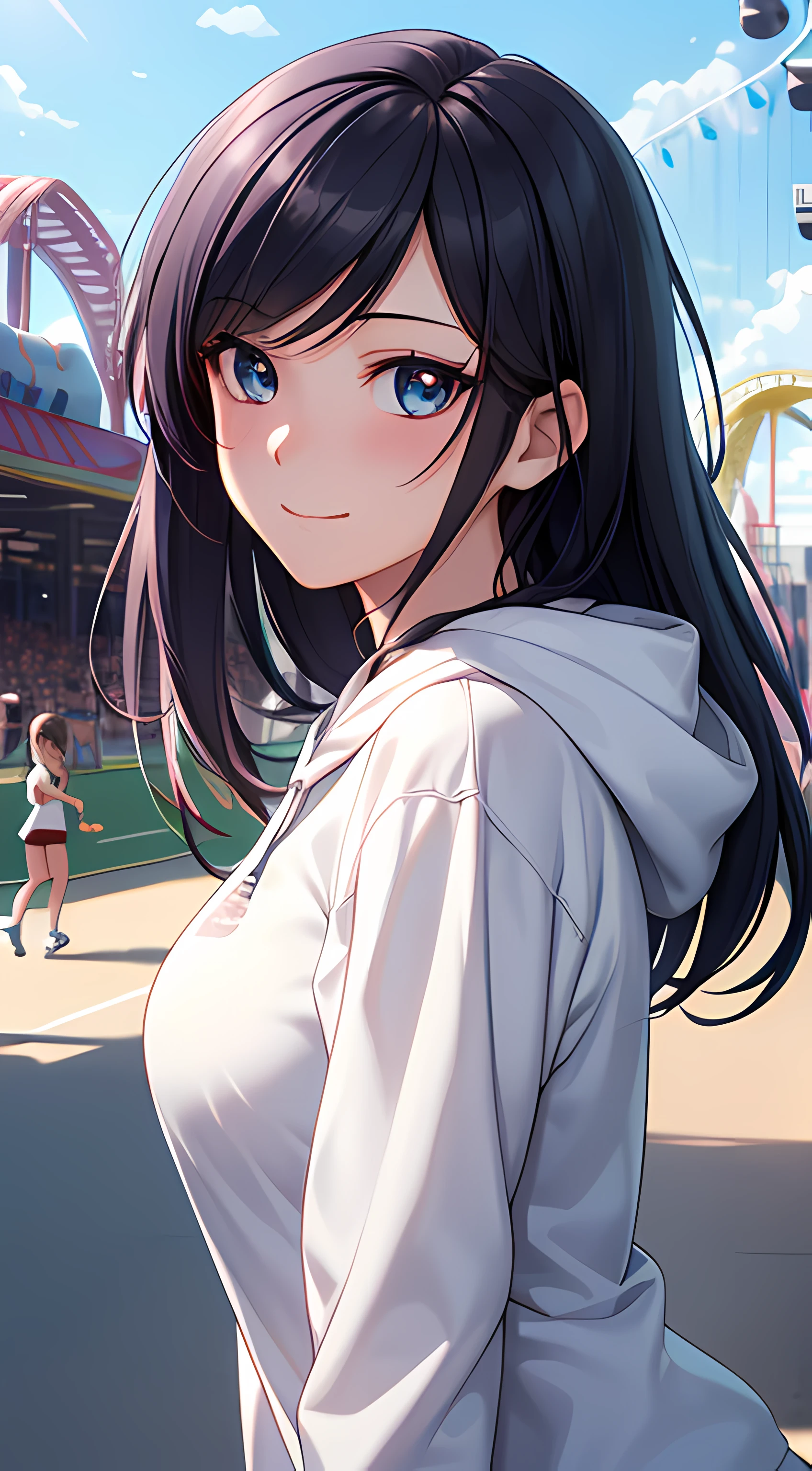 ((masterpiece, best quality, highres, UHD, perfect pixel, depth of field, 4k, RTX, HDR, extremely detailed)), 1girl, single, solo, 24 years old, beautiful anime girl, beautiful art style, anime character, smile, beautiful smile, ((long hair, parted bangs, colorful hair)), (colorful eyes:1.4, rounded eyes, beautiful eyelashes, realistic eyes, extremely detailed pupil), (detailed face, blushing:1.2), (smooth texture:0.75, realistic texture:0.65, photorealistic:1.2, cinematic, anime CG style), medium breasts, cleavage, perfect body, busty, dynamic angle, ((white t-shirt, long sleeve, converse, sport hoodie, sport training)), amusement park, outdoor, crowd, wind blows, (graceful, prestigious, glorious, elegant)