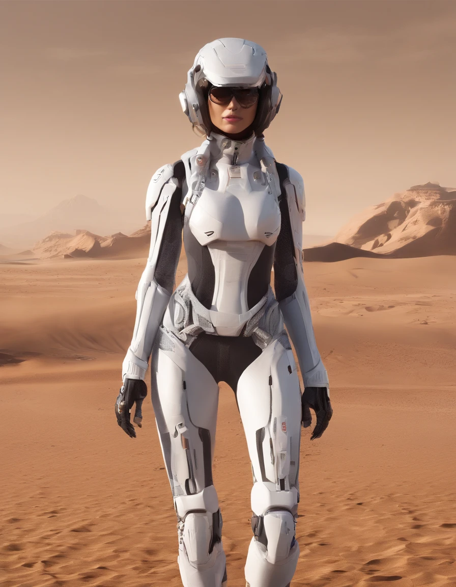 ((Best Quality)), ((masutepiece)), ((Realistic)), ((Best Quality)), ((masutepiece)), ((Realistic)), Girl Walking In The Desert, Looks tired, Wear loose clothing Long-sleeved shirt and trousers, Headgear, Sunglasses, Very beautiful, Natural and casual style at eye level, Scenic, masutepiece, (hight resolution), Original, extremely detailed 8K , (Photorealistic:1.4),face perfect, Perfect eyes,symmetrica body shape,Smile,