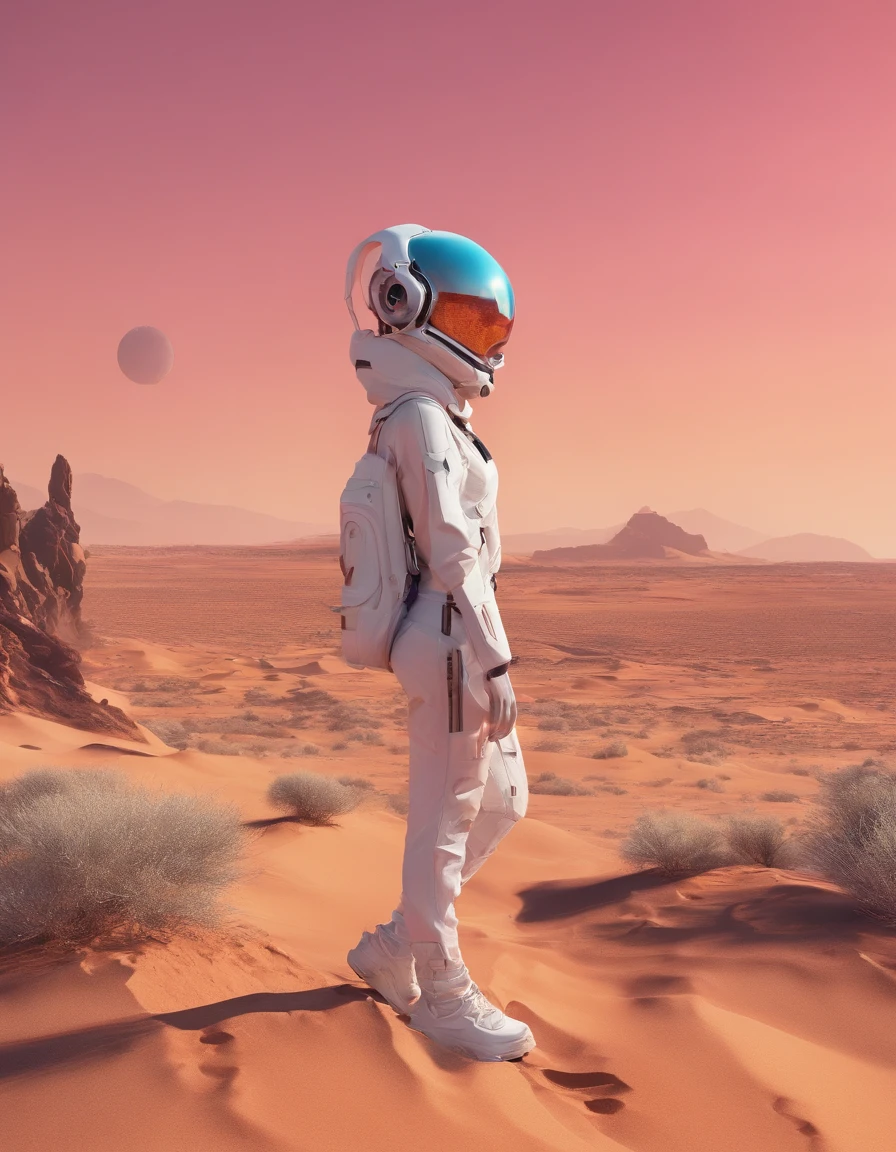 ((Best Quality)), ((masutepiece)), ((Realistic)), ((Best Quality)), ((masutepiece)), ((Realistic)), Girl Walking In The Desert, Looks tired, Wear loose clothing Long-sleeved shirt and trousers, Headgear, Sunglasses, Very beautiful, Natural and casual style at eye level, Scenic, masutepiece, (hight resolution), Original, extremely detailed 8K , (Photorealistic:1.4),face perfect, Perfect eyes,symmetrica body shape,Smile,