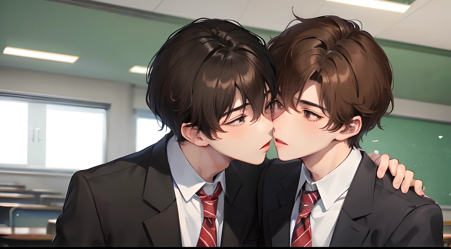 Classroom、High school students、2 boys、Yaoi、Boys Love、queers、Boy with black and brown hair、School Uniforms、Kissing