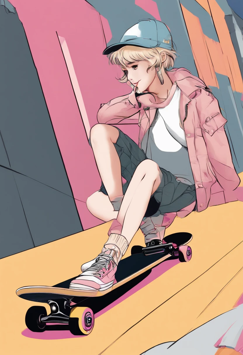（best qualtiy），（Most Best Illustration），best shadow，（A girl is skateboarding with her cocked:1.3），13 year old，adolable，with short white hair，cap，Sweet cool，Eyes with shiny details,(Colorful flight suits)，Fashion shorts，(Color skateboard:1.1)，in pink，amarelo，blue colors，street corner，Rock，（HighestQuali，astonishing detail：1.25），solid color backdrop