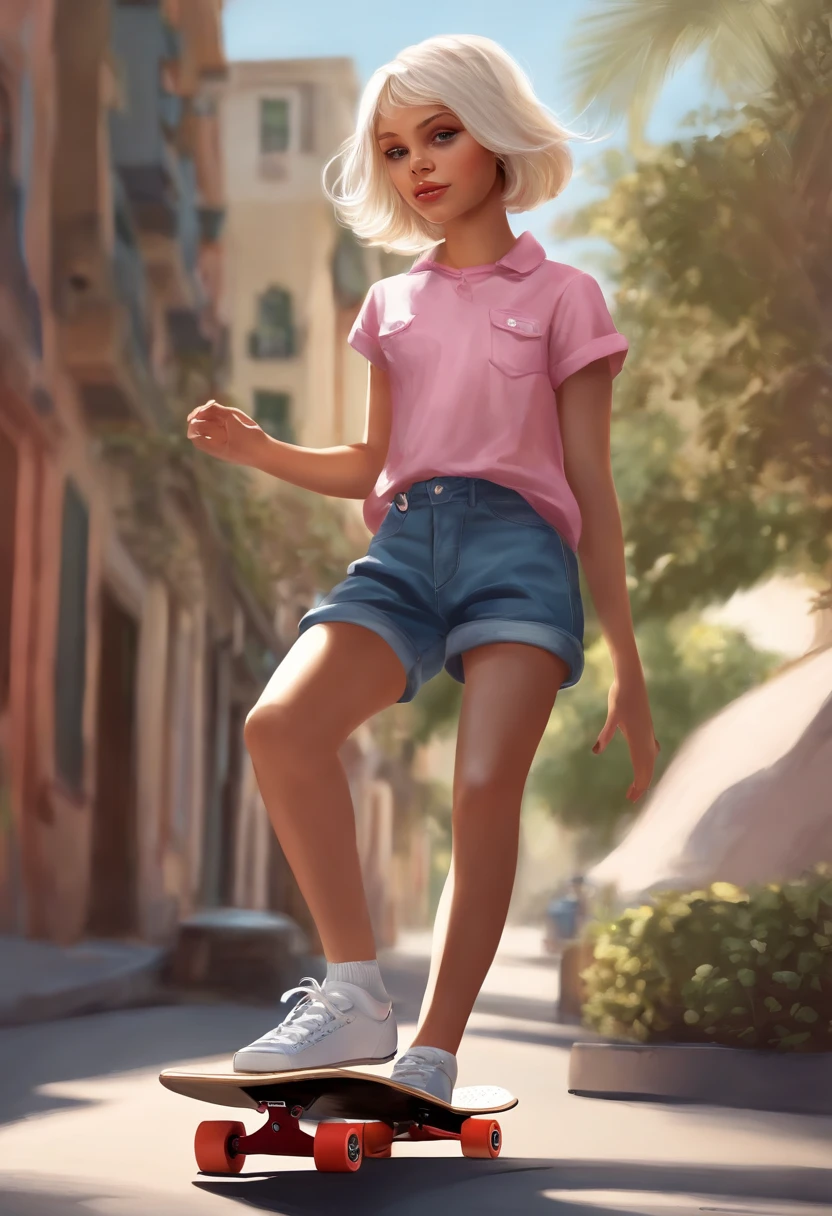 （best qualtiy），（Most Best Illustration），best shadow，（A girl is skateboarding with her cocked:1.3），13 year old，adolable，with short white hair，cap，Sweet cool，Eyes with shiny details,(Colorful flight suits)，Fashion shorts，(Color skateboard:1.1)，in pink，amarelo，blue colors，street corner，Rock，（HighestQuali，astonishing detail：1.25），solid color backdrop