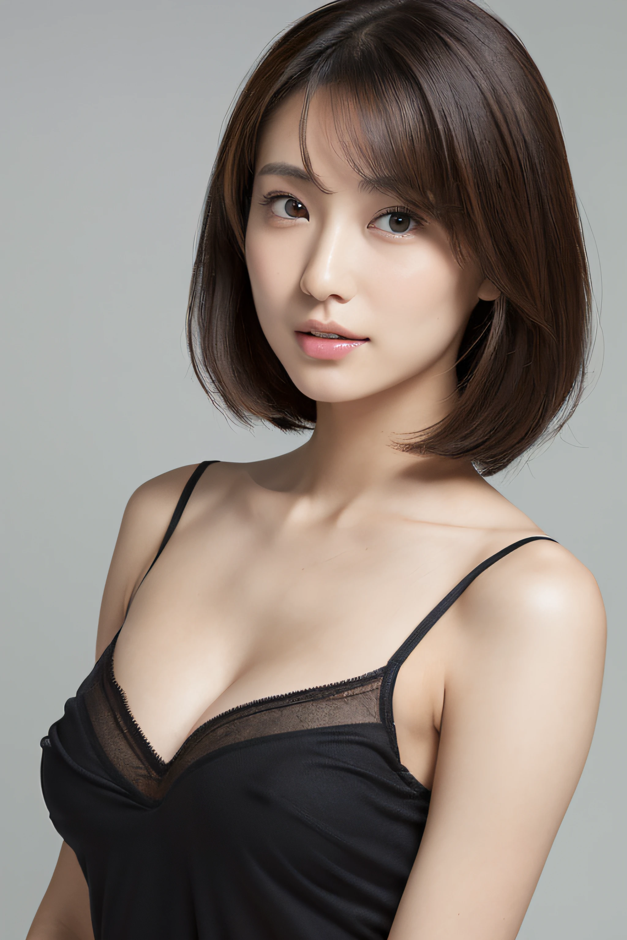 ((Slightly transparent camisole black: 1.5)), Gravure Sexy Pose, (masutepiece:1.3), (8K, Photorealistic, Raw photography, Best Quality:1.4), (1girl in), Beautiful face, Realistic face, (Detailed face), Beautiful hairstyle, (detailed hairs), Realistic eyes, (Detailed eyes), Beautiful details, Realistic skin, (Detailed skin), Beautiful skin, Attractive, Ultra high definition, A hyper-realistic, Very detailed, (Big breasts:0.5), Japanese beauty, (slim figure), Gentle, Brown hair, (Supermodel Figures), Cute young Japan girl, Cute young Japan girl, (with a simple gray background), Big breasts :1.2, Enhanced cleavage, bashful, ((Wide Shot)), ((Full body: 1.3)), ((Slightly transparent camisole black: 1.5))