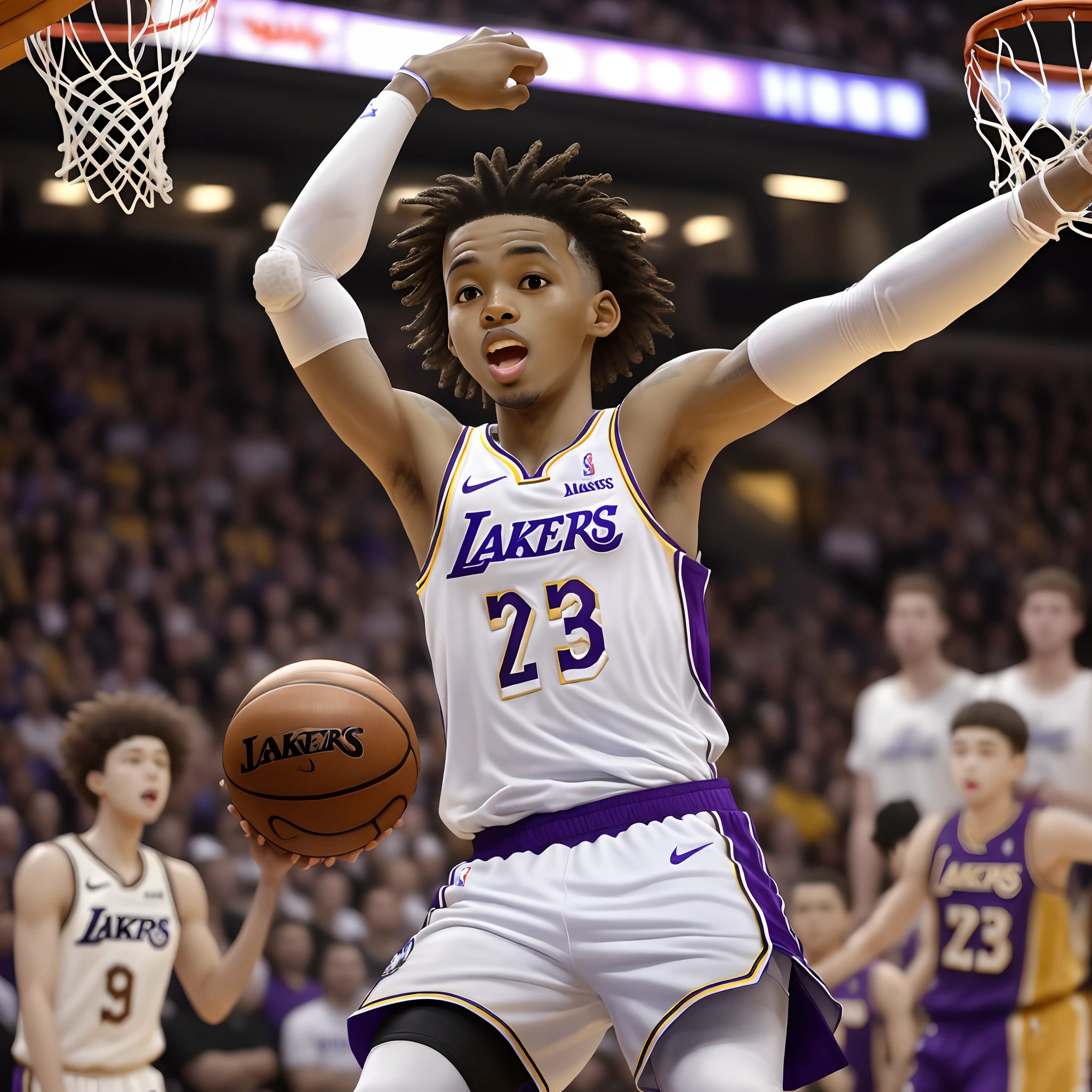 My son, Enzo, 9 years old, white in color and brown eyes and hair curled with his eyes slightly apart, is playing in the NBA and making the last basket for dunks after an assist from LeBron James in a game for the Lakers, bringing the crowd to the roar