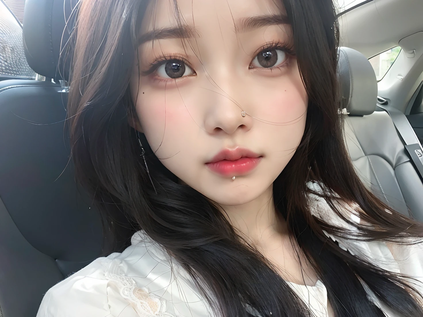 There's a woman with a nose ring sitting in a car, young adorable korean face, wan adorable korean face, Jaeyeon Nam, Jinyoung Canela, coreana, Ulzzang, young cute wan asian face, cruel korean goth girl, korean face features, Mulher sul-coreana bonita, Heonhwa Choe, com cabelos longos e olhos penetrantes, jennie blackpink
