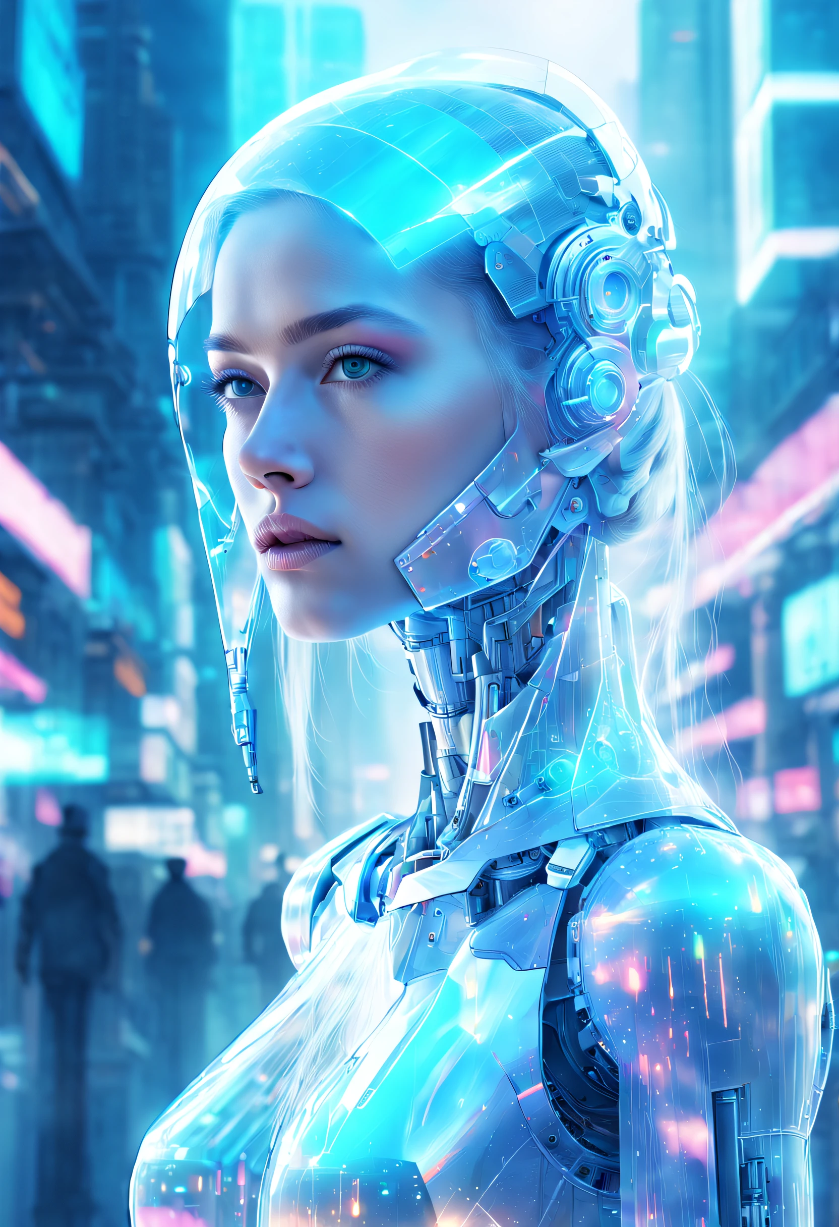 mecha-girl，Futuristic virtual holographic digital image background，（Doubleexposure：1.8），Complex illustrations in surrealist art style，Surreal dreams，Incognito as a virtual hologram person，Transparent people，Virtual holographic digital image