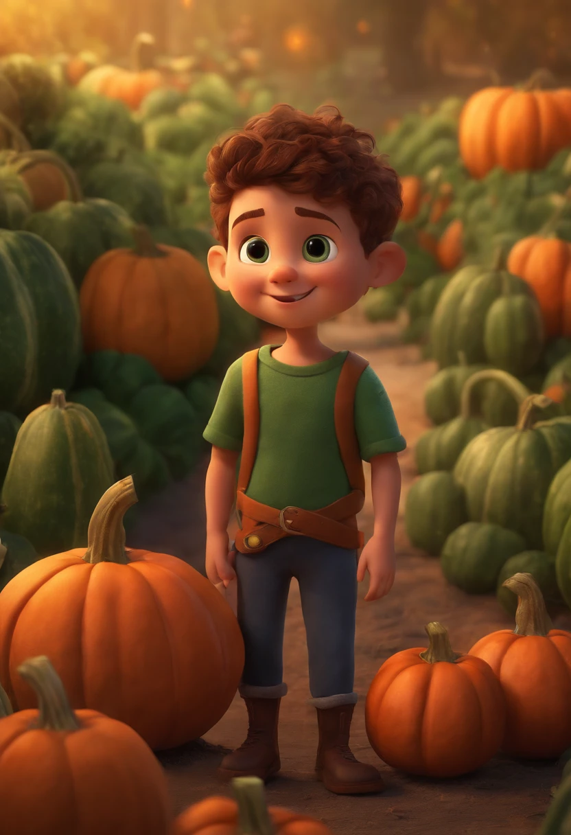 Image of a boy for a story in a youtube video in pixar format he is the Pumpkin is the best friend of the Little Alabastrinho, He always defends his friend and has a sister named Zucchini, Don't put it with pumpkins