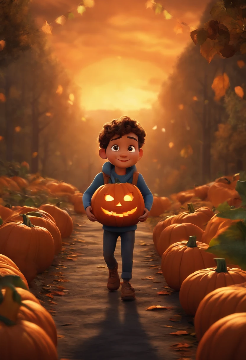 Image of a boy for a story in a youtube video in pixar format he is the Pumpkin is the best friend of the Little Alabastrinho, He always defends his friend and has a sister named Zucchini, Don't put it with pumpkins
