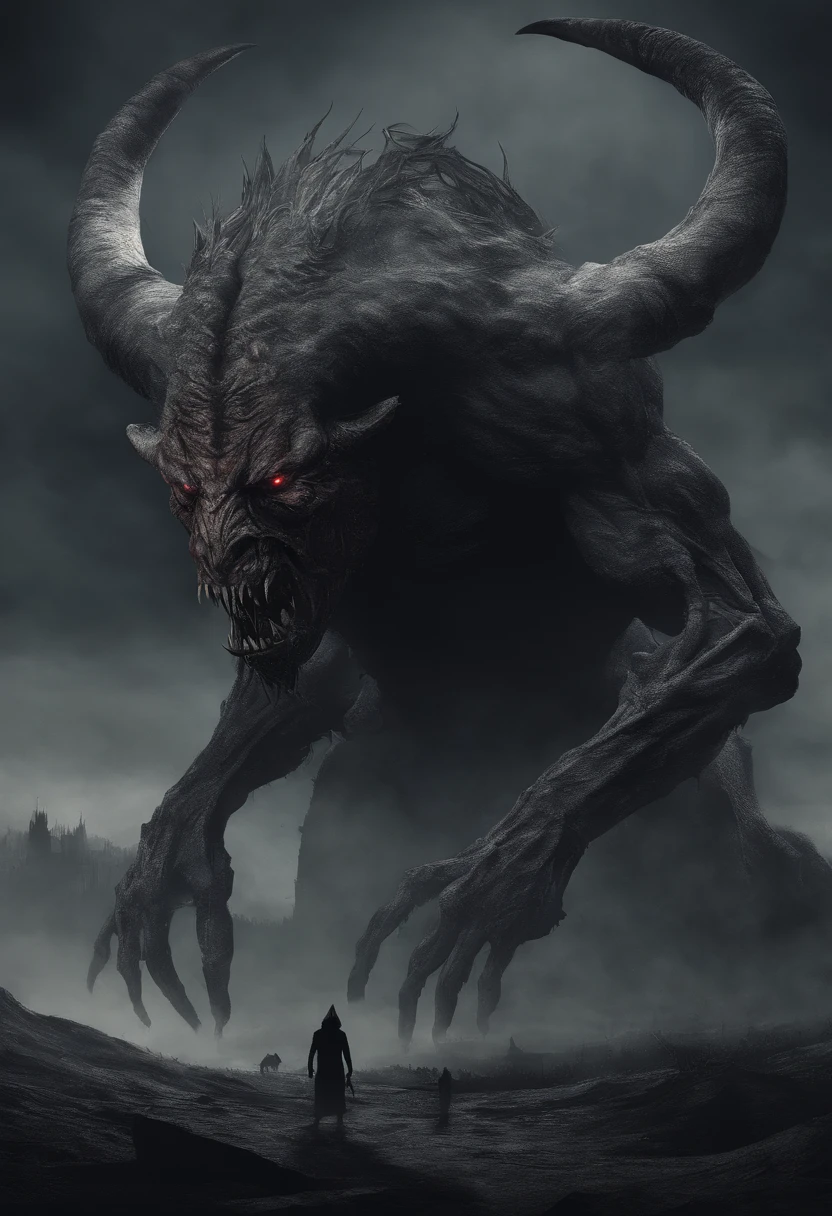 ugly monster, beast, demonic being, anime art style, creature, horse demon, goat head, horns, long head, giant, full body, looking at sky, angry, mouth open, animal body