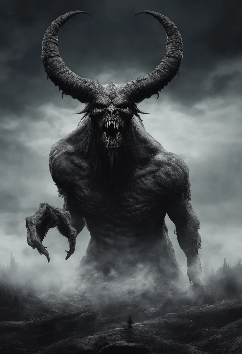 ugly monster, beast, demonic being, anime art style, creature, horse demon, goat head, horns, long head, giant, full body, looking at sky, angry, mouth open, animal body