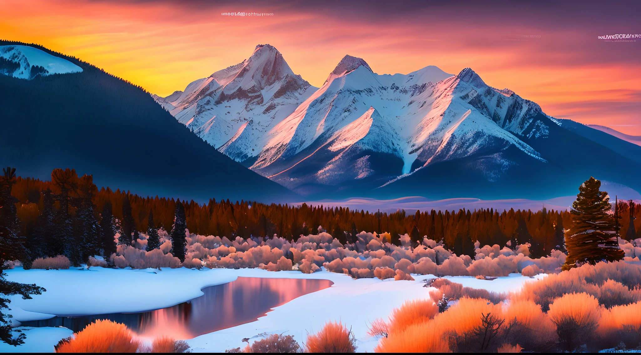 Frame a majestic sunrise over the snow-capped peaks of the Rockies. Showcase the vibrant colors, crisp details, and the tranquil serenity of the mountain landscape in stunning 8K clarity."