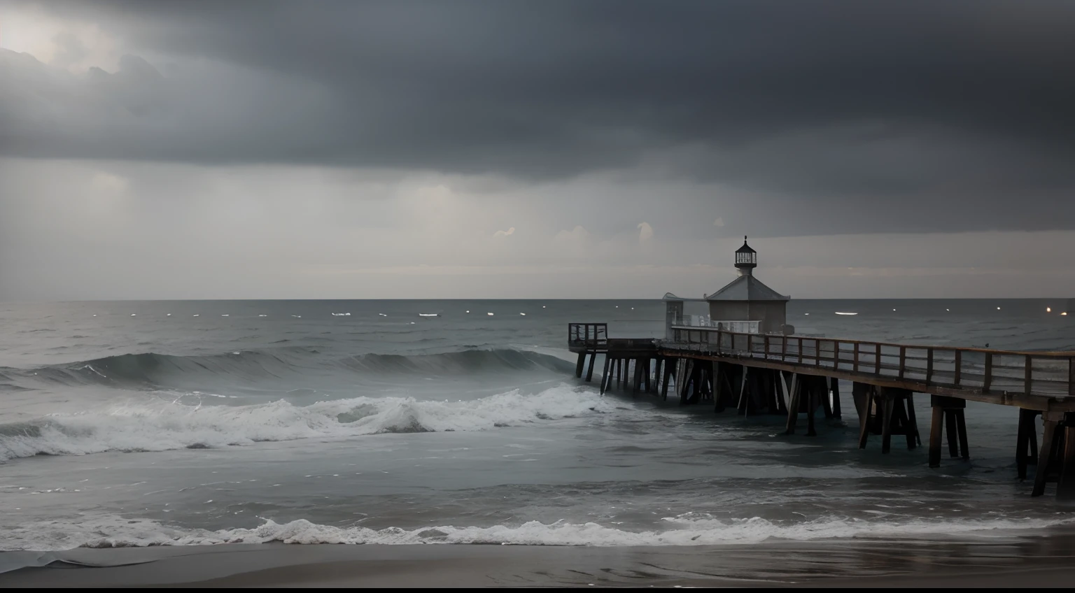 Pier, empty, overcast, by the sea, gloomy, J.M.W. Turner, Romanticism, watercolor, realistic, cool grays muted blues, none, high definition