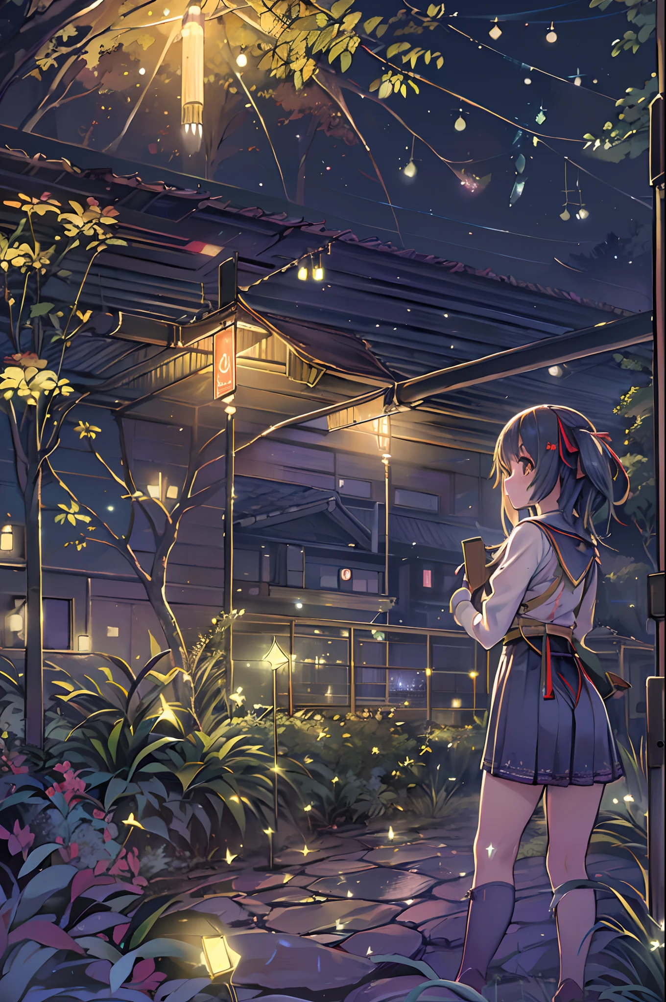 (8K, of the highest quality, masutepiece: 1.2), (Realistic, Photorealistic: 1.37), Super Detail, One girl, Wide-angle angle of view, Firefly Garden, There are many small faint lights and fireflies flying around, Night