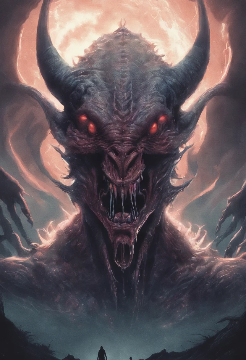 ugly monster, beast, demonic being, anime art style, creature, horse demon, goat head, horns, long head, giant, full body, looking at sky, angry, mouth open, animal body