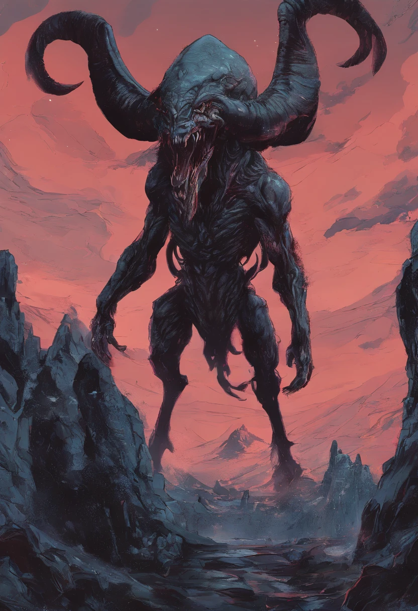 ugly monster, beast, demonic being, anime art style, creature, horse demon, goat head, horns, long head, giant, full body, looking at sky, angry, mouth open, animal body