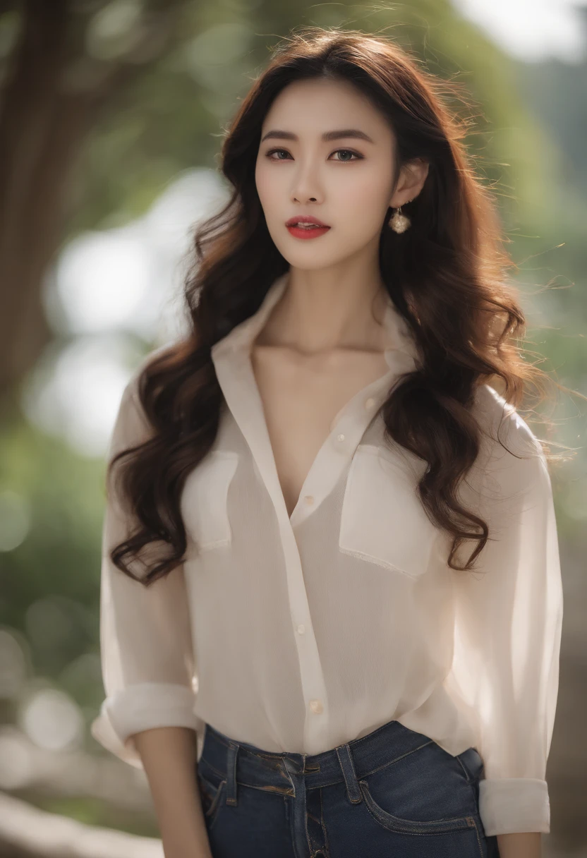 One Young Woman、Female figure from the front from the top of the head to the thighs、Cow girl、T-shirt with short hem、low rise jeans、The navel is visible、The navel does not hide in jeans、Slender eyes、thin lipss、Streaky nose with nostrils not pointing upwards、Skinny、thin lipss、 The woman's face is clearly visible、Smaller chest、Constricted waist、face facing front、 Elongated eyebrows、The top of the head is not hidden、adult lady、Slender but well-proportioned system、Hair length up to the nape of the neck、Both eyes are not hidden by the hair、lips are not thick、eyebrows are not thick、Hair growing around the arms and navel、Shave marks on the sides、The moment you take off your shirt、The navel is visible、Dazzling smile