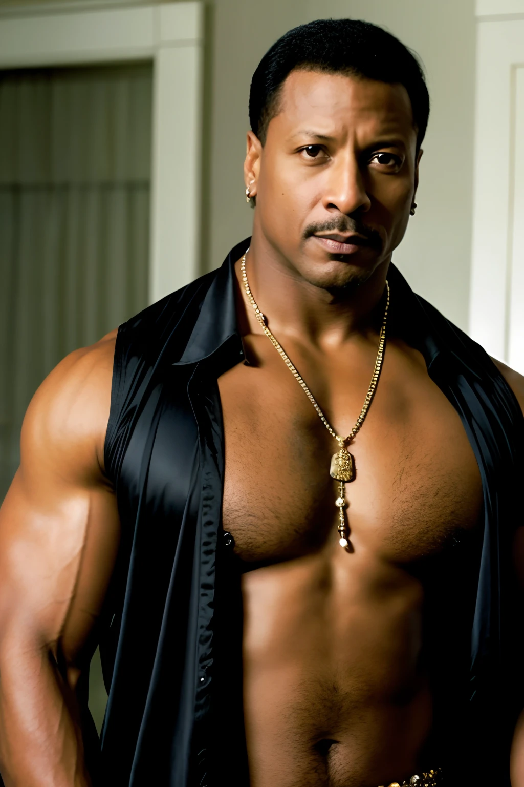 a half-length photo of Dwayne jhonson looking at the camera with a seductive gaze, standing in club, he wears a Hawaiian shirt open front and wears amulets around his neck, award-winning photo