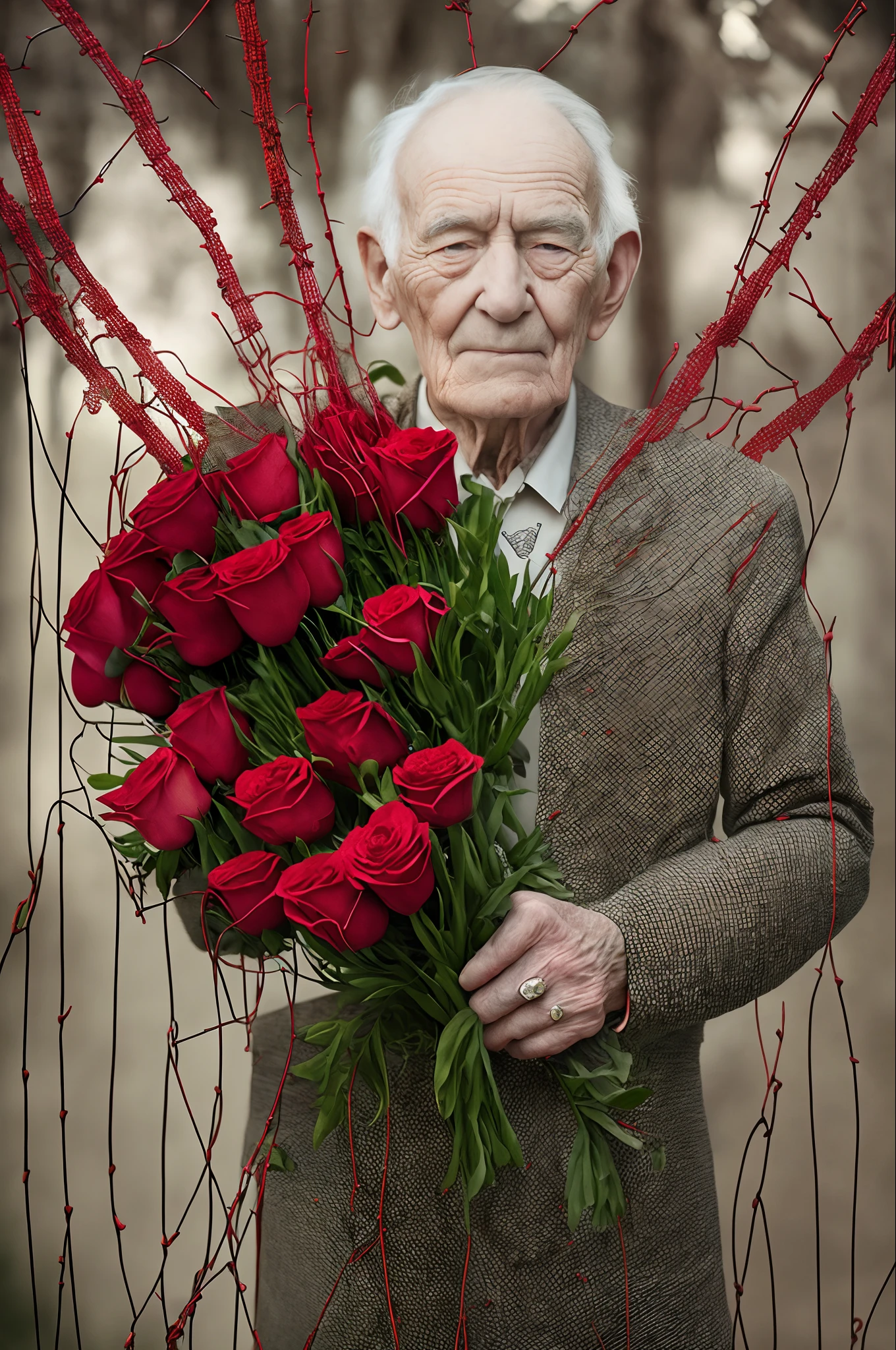 beautiful medium old men, bouquet of (bloody red) roses ((woven by barbed wire)), (photo by bella kotak:1.3) --auto --s2