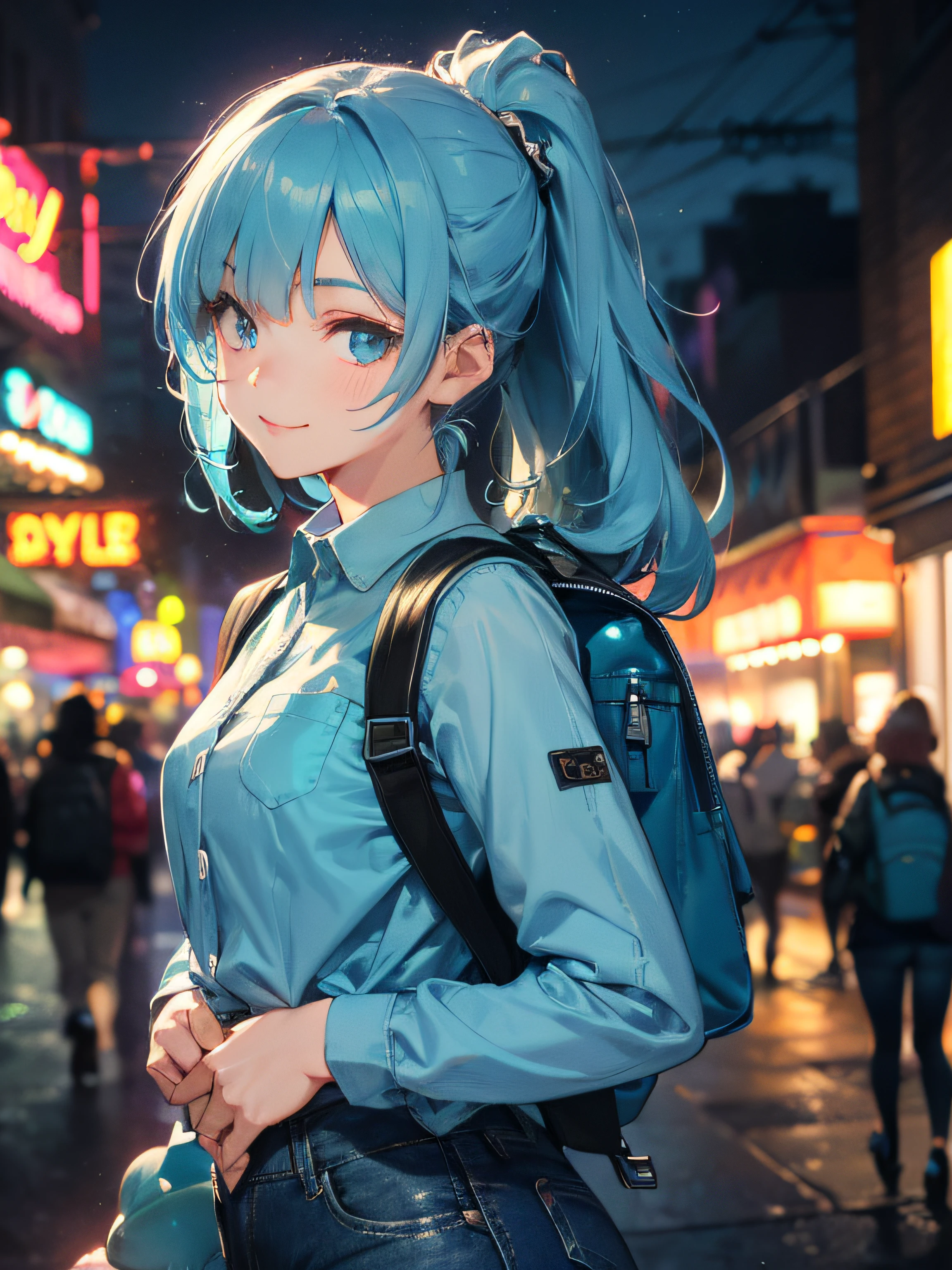 1girl , a girl , 17 yeper adorable , full head ,(Upper Body : (small breasts) , Skinny ) , ((tmasterpiece)) , (Very detailed CG unity 8K wallpaper) , best qualtiy , cinmatic lighting , (hi-top fade:1.3) , dark themed , Muted Tones , Subdued Color , highly contrast , (natural skin textures , Hyper-Realism , Soft light , sharp) , (Hair : (Light Cyan Hair:1.5) , (shoulder-length hair) , ponytail , ) , (Cetacean Blue eyes:1.5) , beatiful detailed eyes , (Bright eyes:1.5) , (Very fine and beautiful) , (Beautiful and detailed eye description) , ( Background : (Amusement park at night Background) ) , Blur Background , (Wearing : (Jordy Blue Long-Sleeve Plain Cropped Shirt :1.5) , (Neon blue Backpack:1.5) , Periwinkle Big Shape Jeans , Light cyan Furry Strapped Combat Bootie Boots , Cornflower blue (Calvin Klein underwear) ) , upper body shot , random view ,(Joyful Emotion:1.5) , Happy expression , (Pose : random pose , smile shy ) , (hair covers one eye : 1.5)