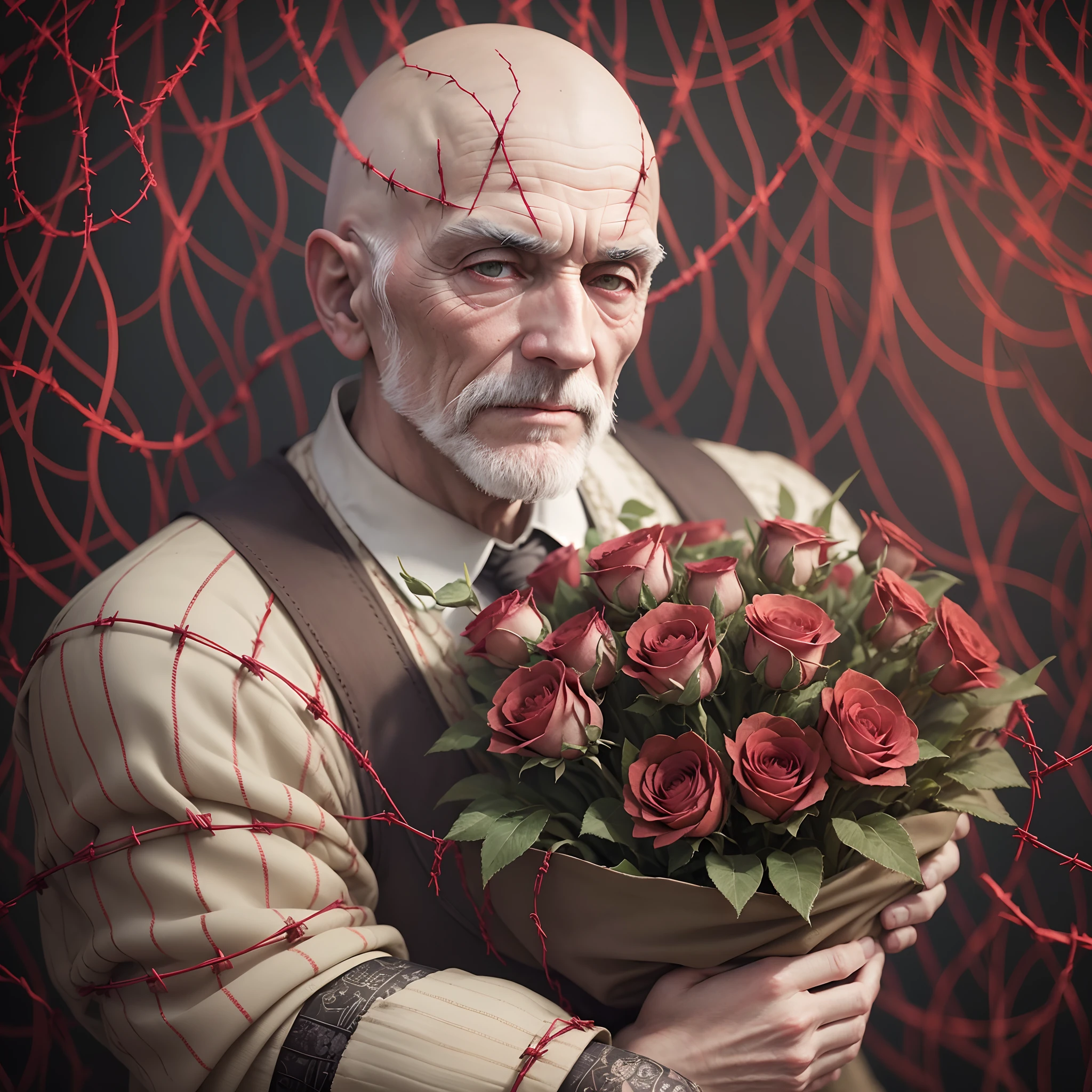 beautiful medium old men, bald, bouquet of (bloody red) roses ((woven by barbed wire)), (photo by bella kotak:1.3) --auto --s2