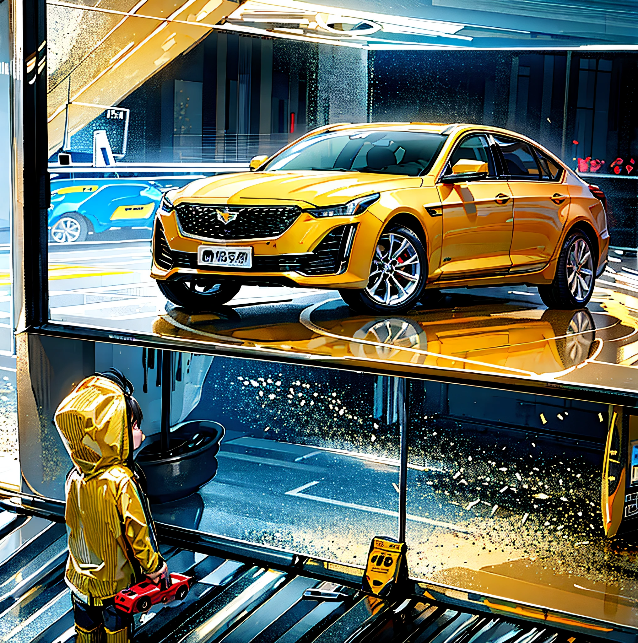 A  in a yellow raincoat looks at the new Cadillac CT5 in a shop window，Toy car in hand，8K，4K