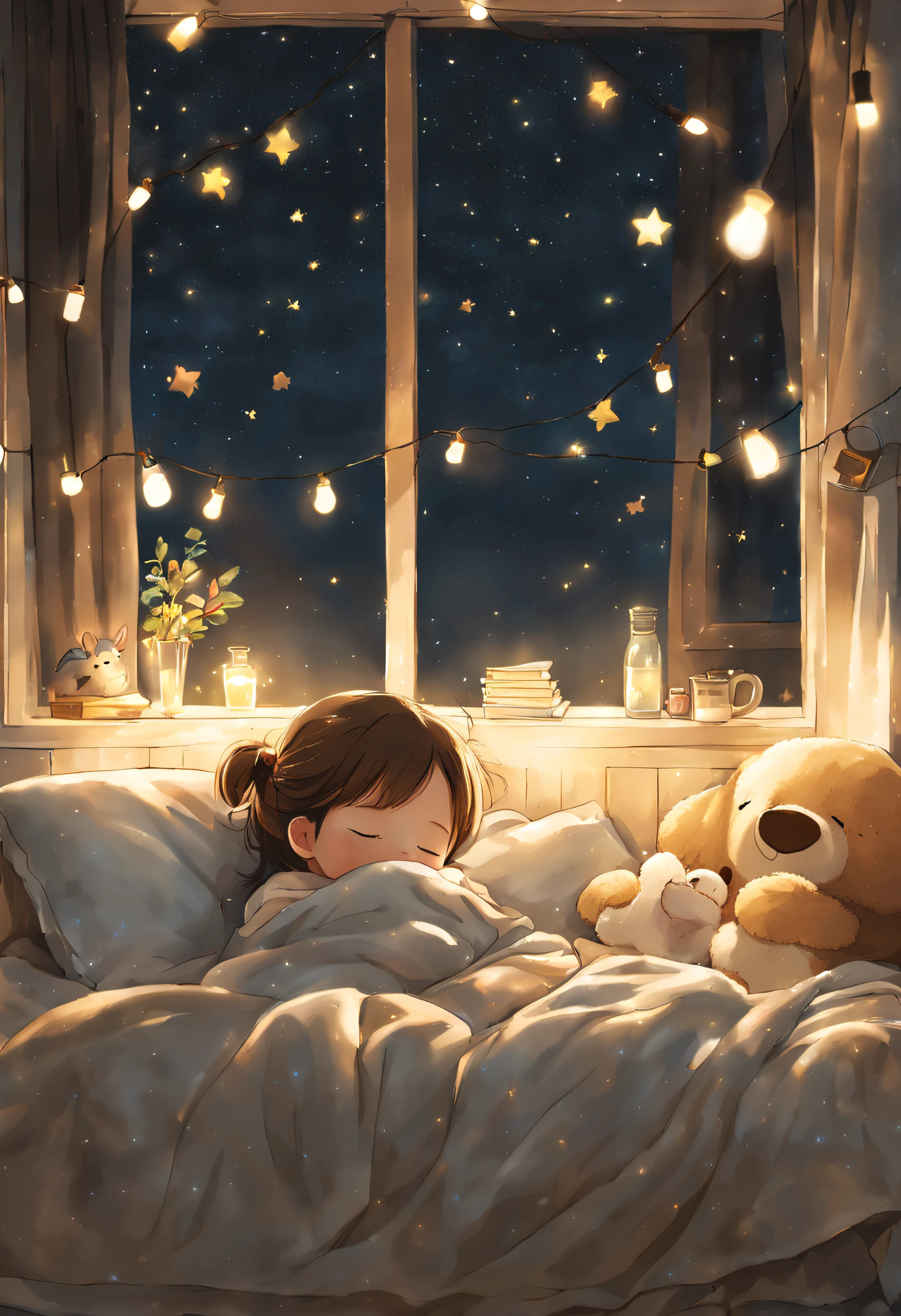 cute little girl sleeping comfortably on a bed, covered with a blanket, stuffed animal, string lights on the wall, window, cozy and comforting atmosphere, nighttime, wonder, pixiv,
